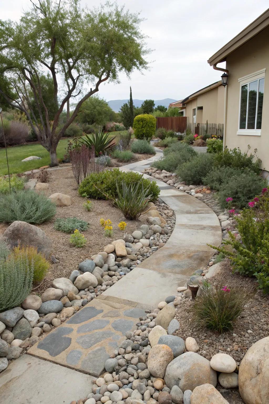 Stream stones and drought-resistant plants form an eco-conscious xeriscape.