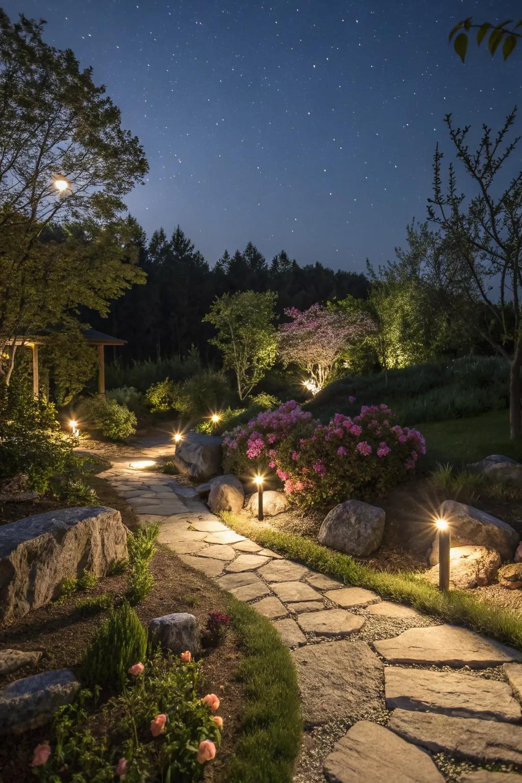 Illumination injects nighttime magic into stone gardens.