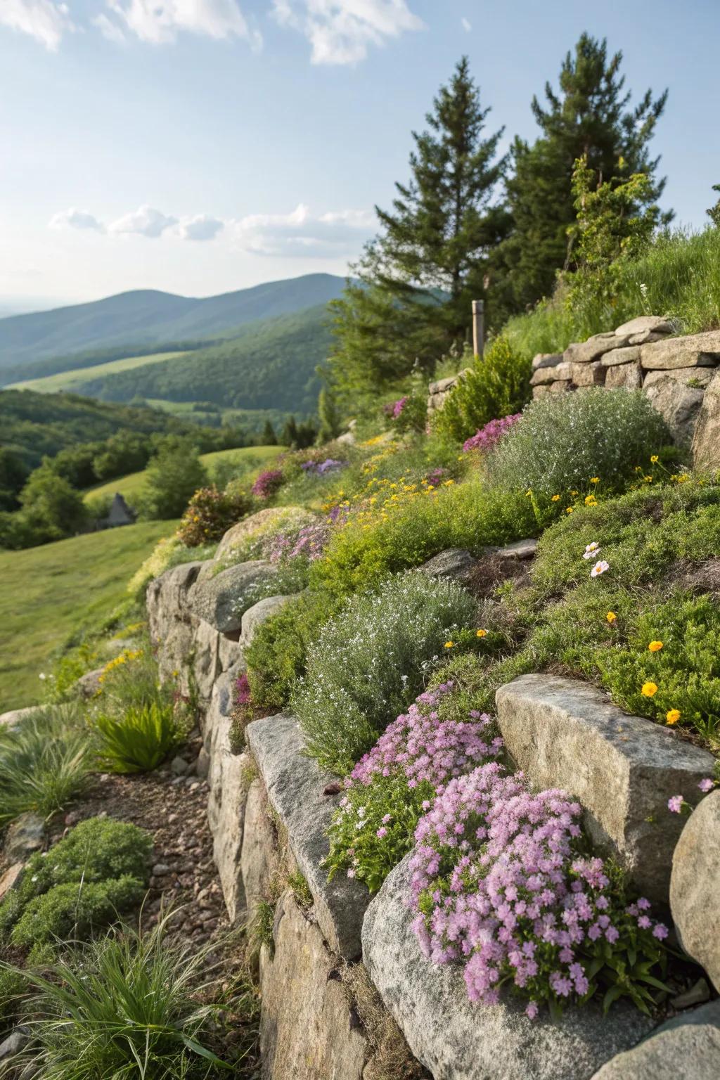 Stone walls featuring alpine flora create an exceptional garden sanctuary.