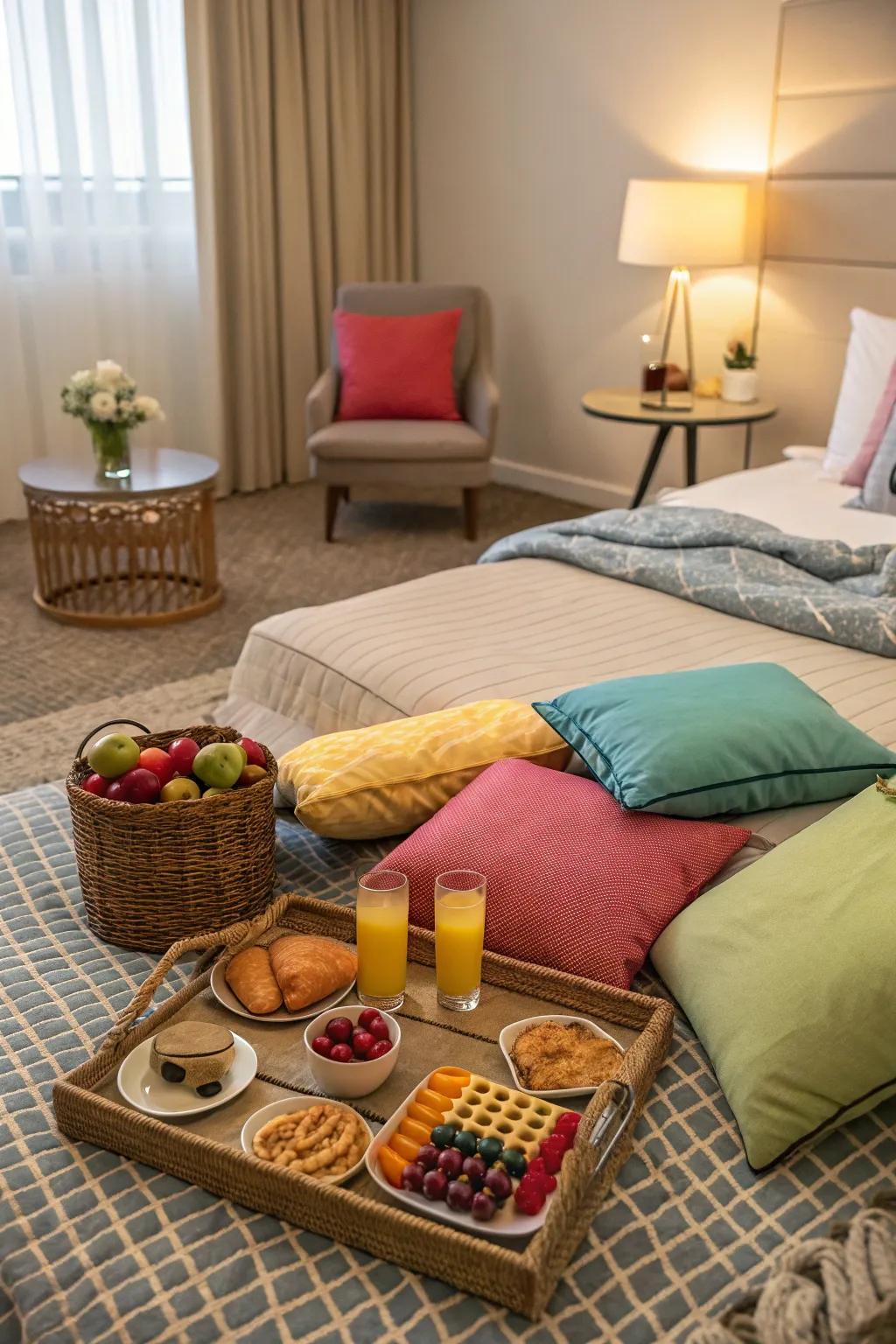 An indoor picnic offers a cozy and romantic vibe.