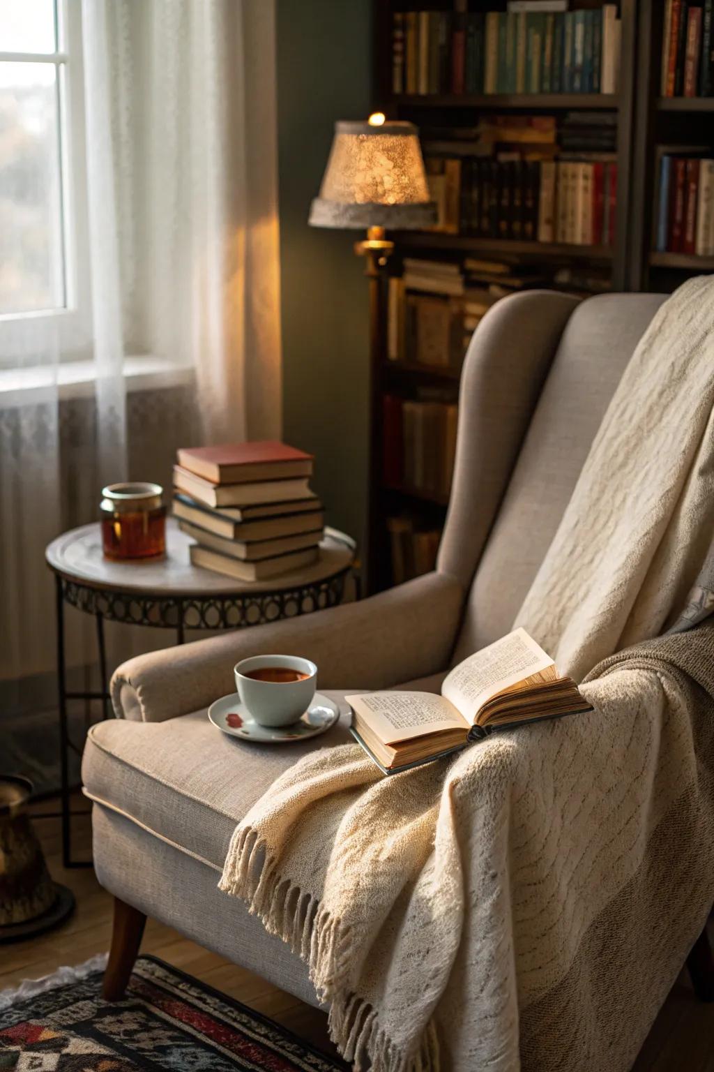 A comfortable reading nook invites relaxation and solitude.