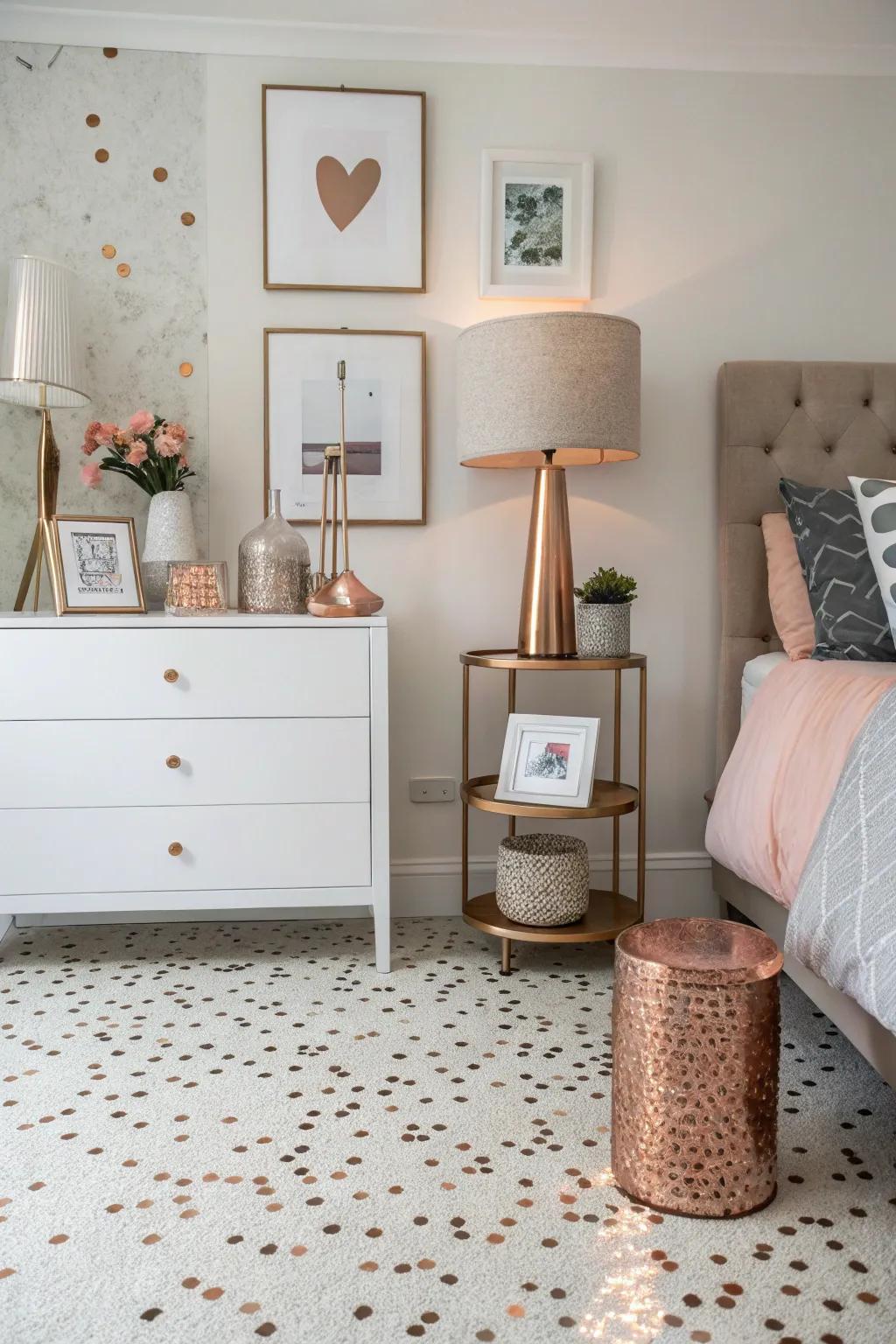 A contemporary bedroom twist achieved with terrazzo and rose gold accents.