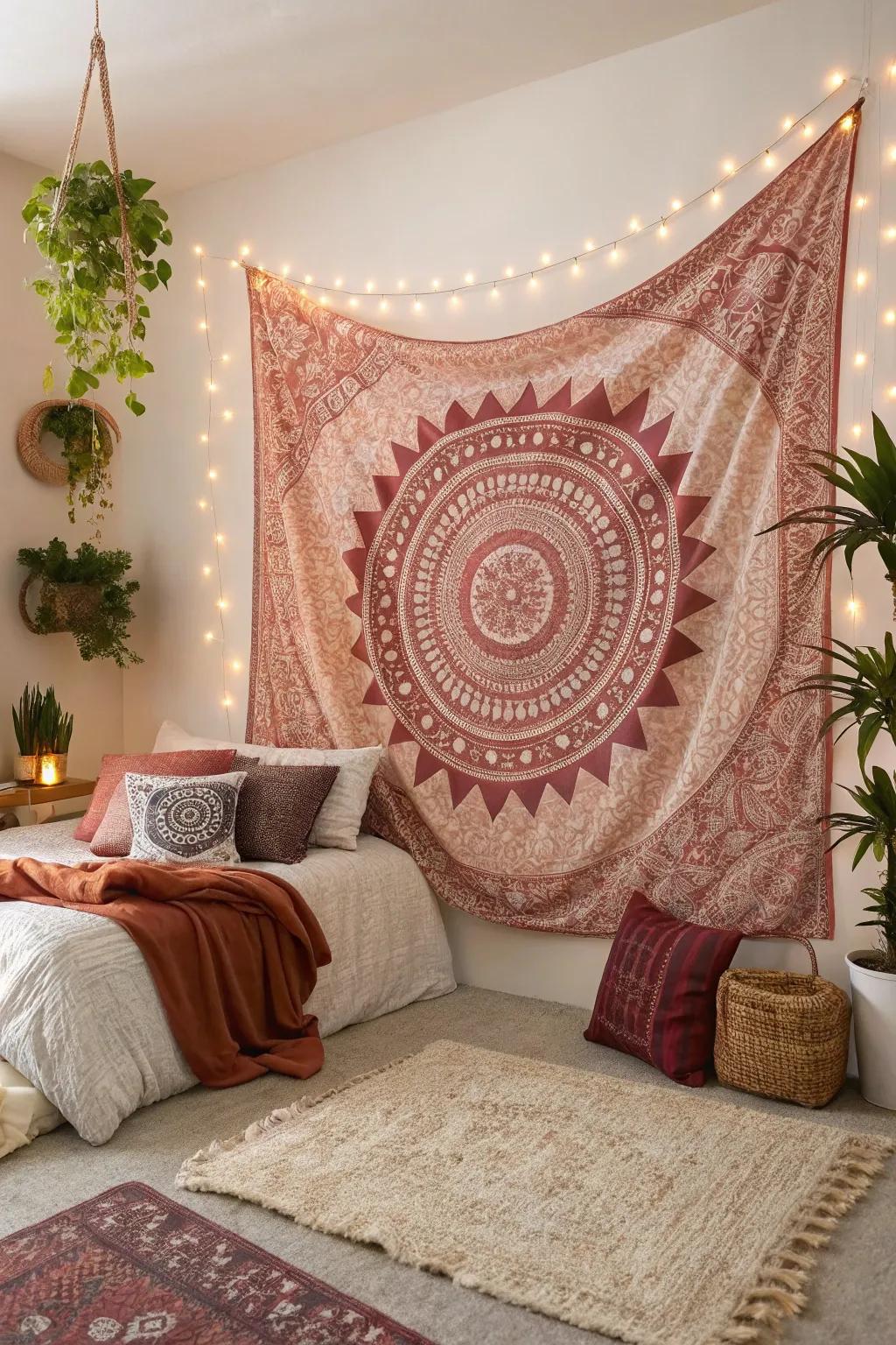 A rose gold and burgundy wall tapestry adds depth and artistic flair.