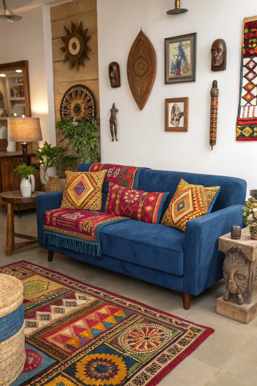 Cultural elements enhance the cobalt settee with a rich narrative and visual intrigue.