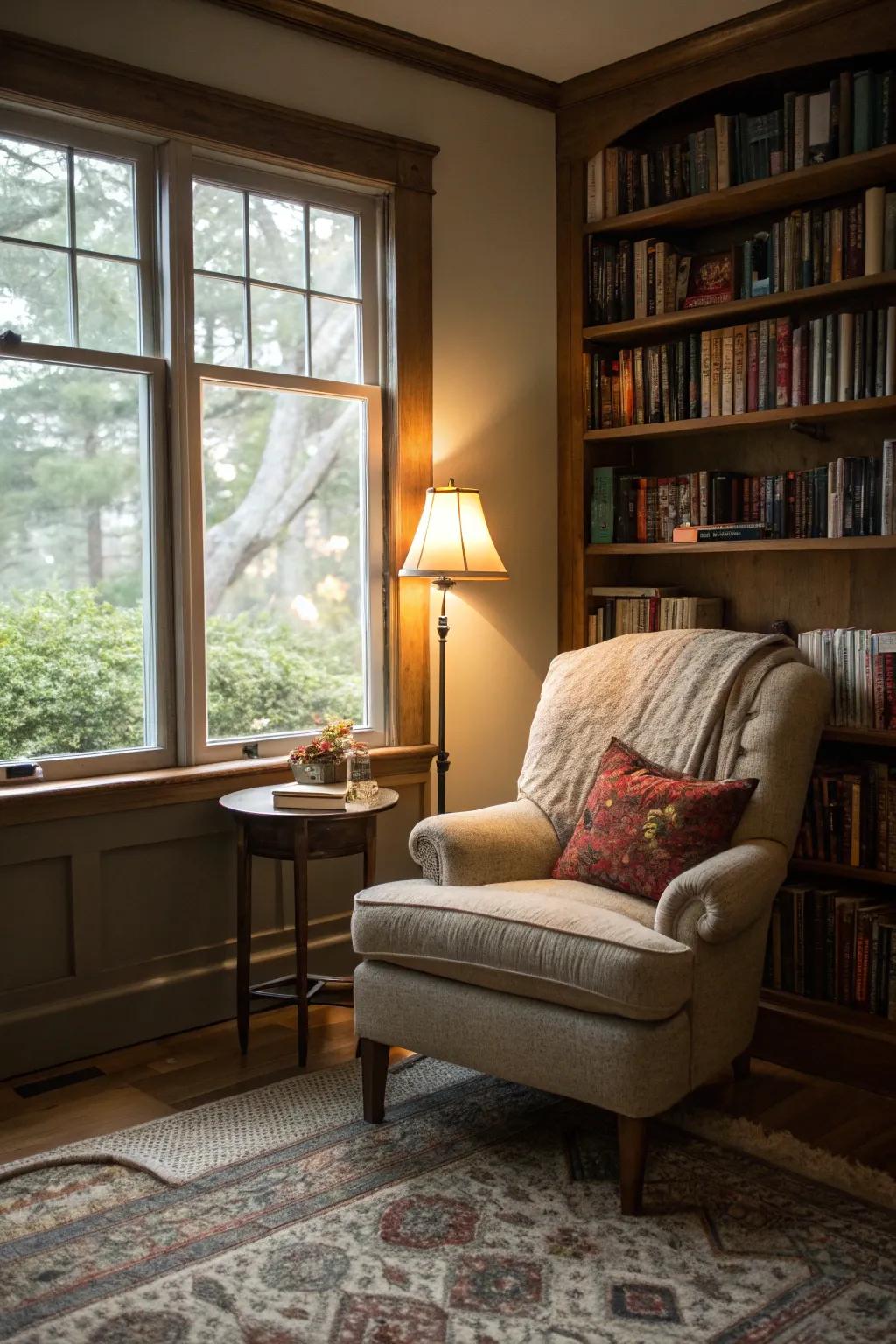A comfortable reading corner is the ideal location to unwind and rest.