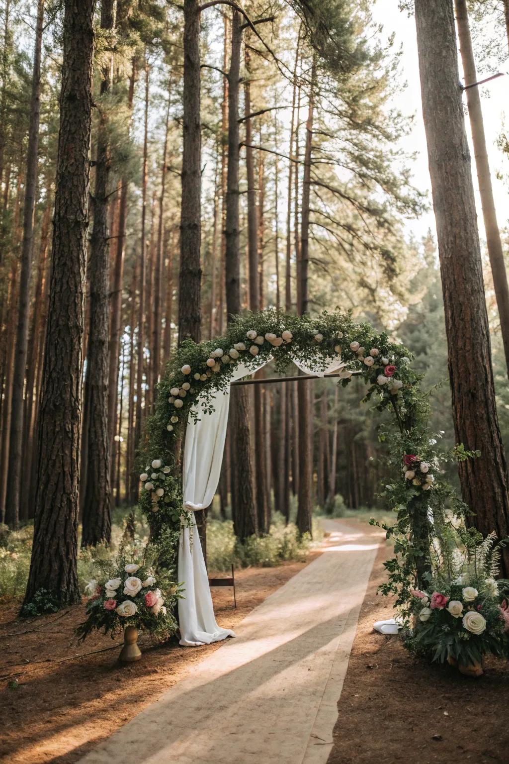 An arch framed by nature, blending perfectly into the forest setting.