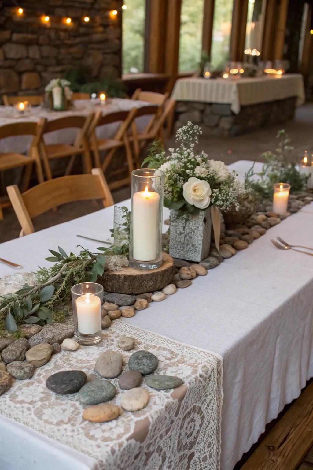 Natural stone elements enhancing the earthy vibe of the main table.