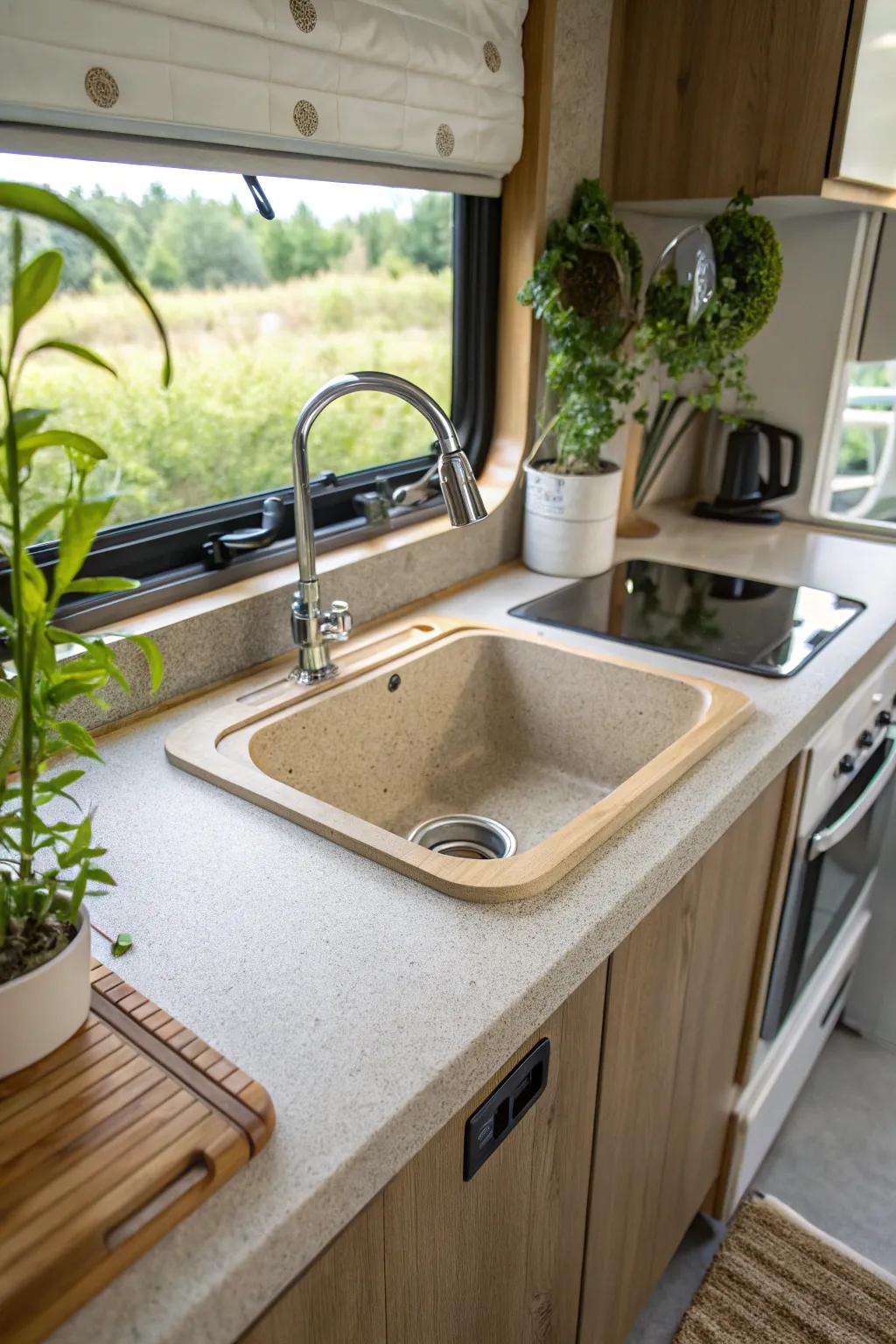 An eco-conscious sink made from recycled materials in an RV kitchen.