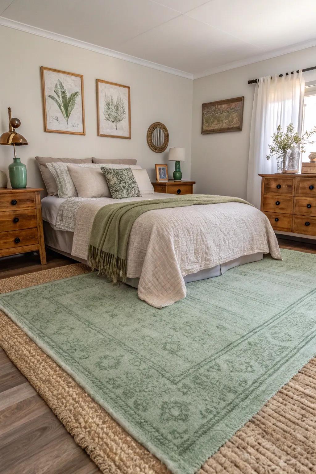 Ground your space with a sage green rug.
