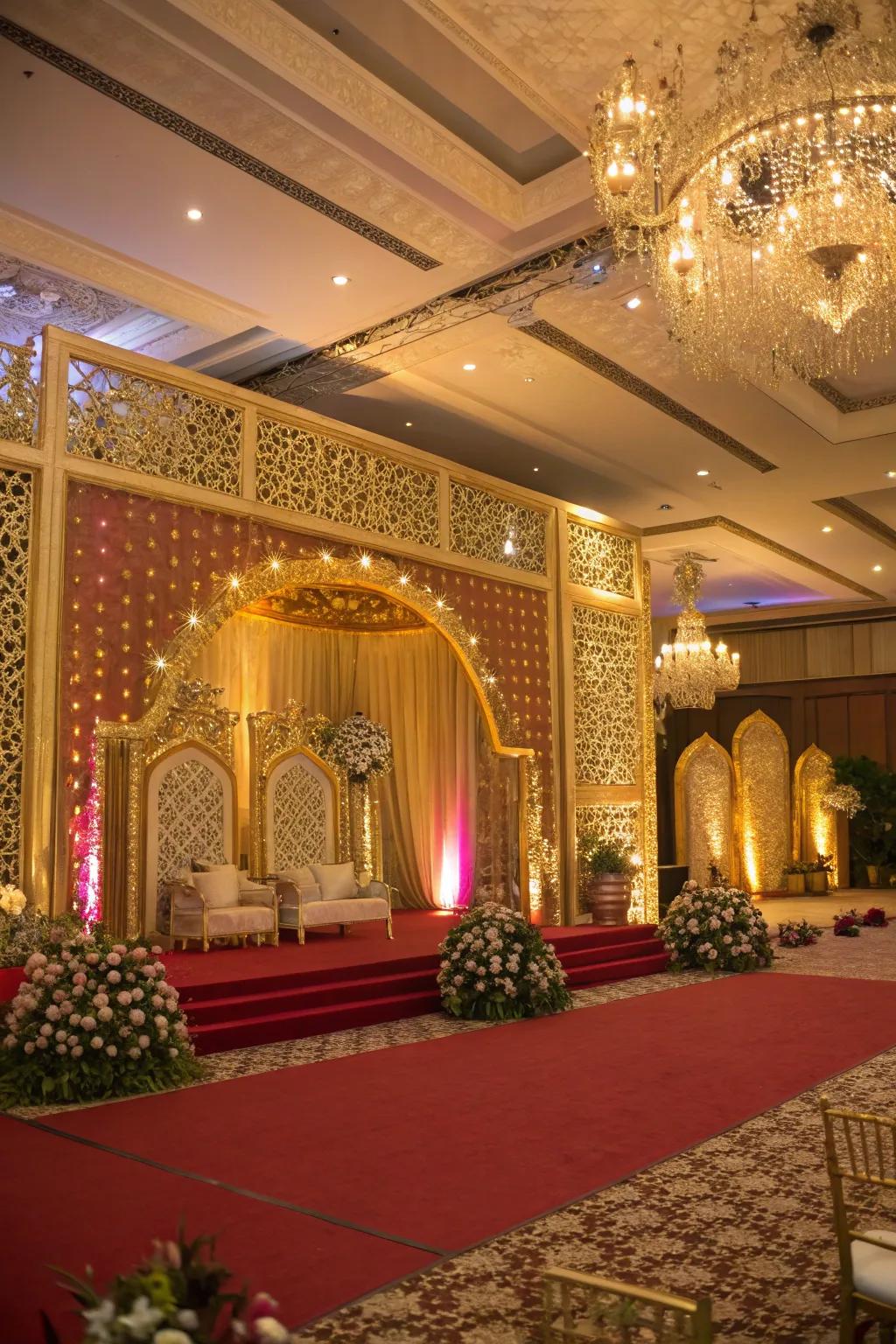 Gilded and glittering backdrops suggest opulence.