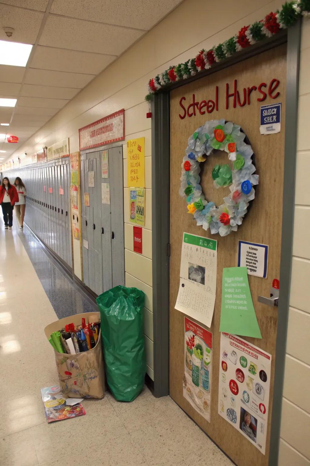 An eco-friendly school nurse door uses recycled materials.