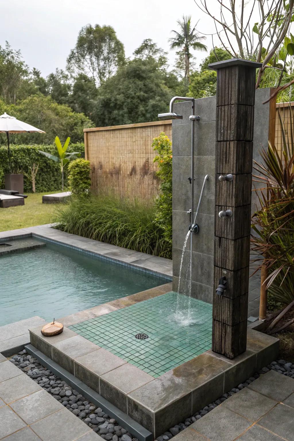 A semi-inground pool with a convenient and stylish exterior shower.