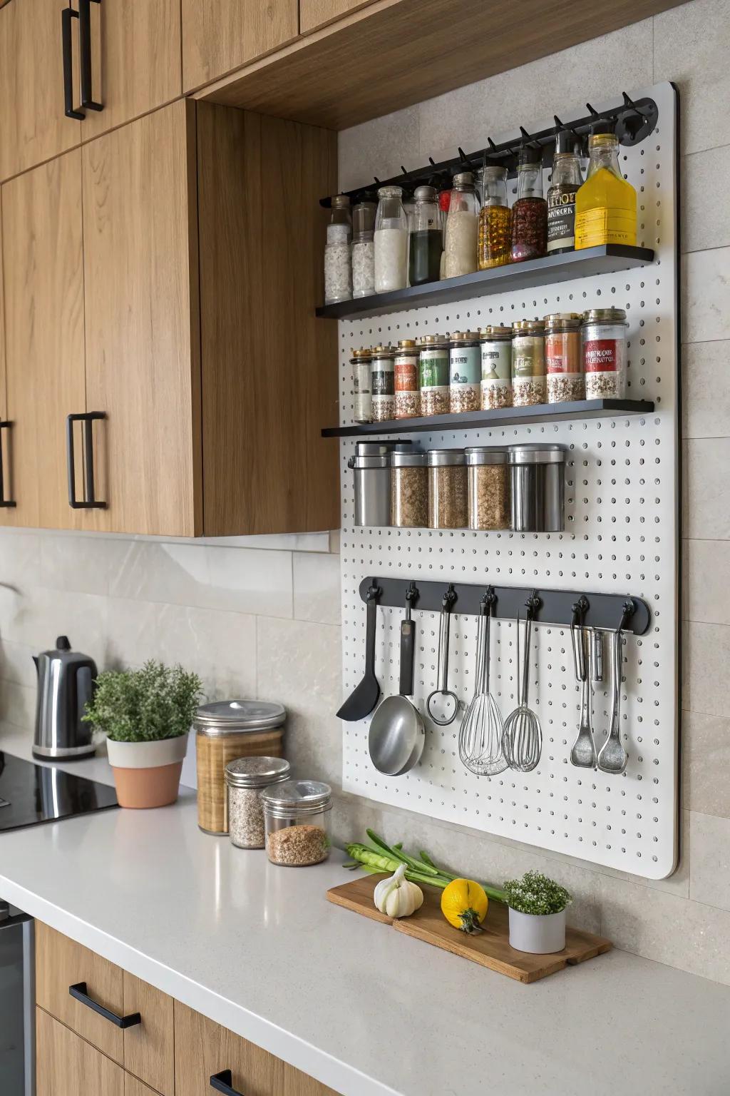 A mounted pegboard provides versatile storage for blending bottles and accessories.