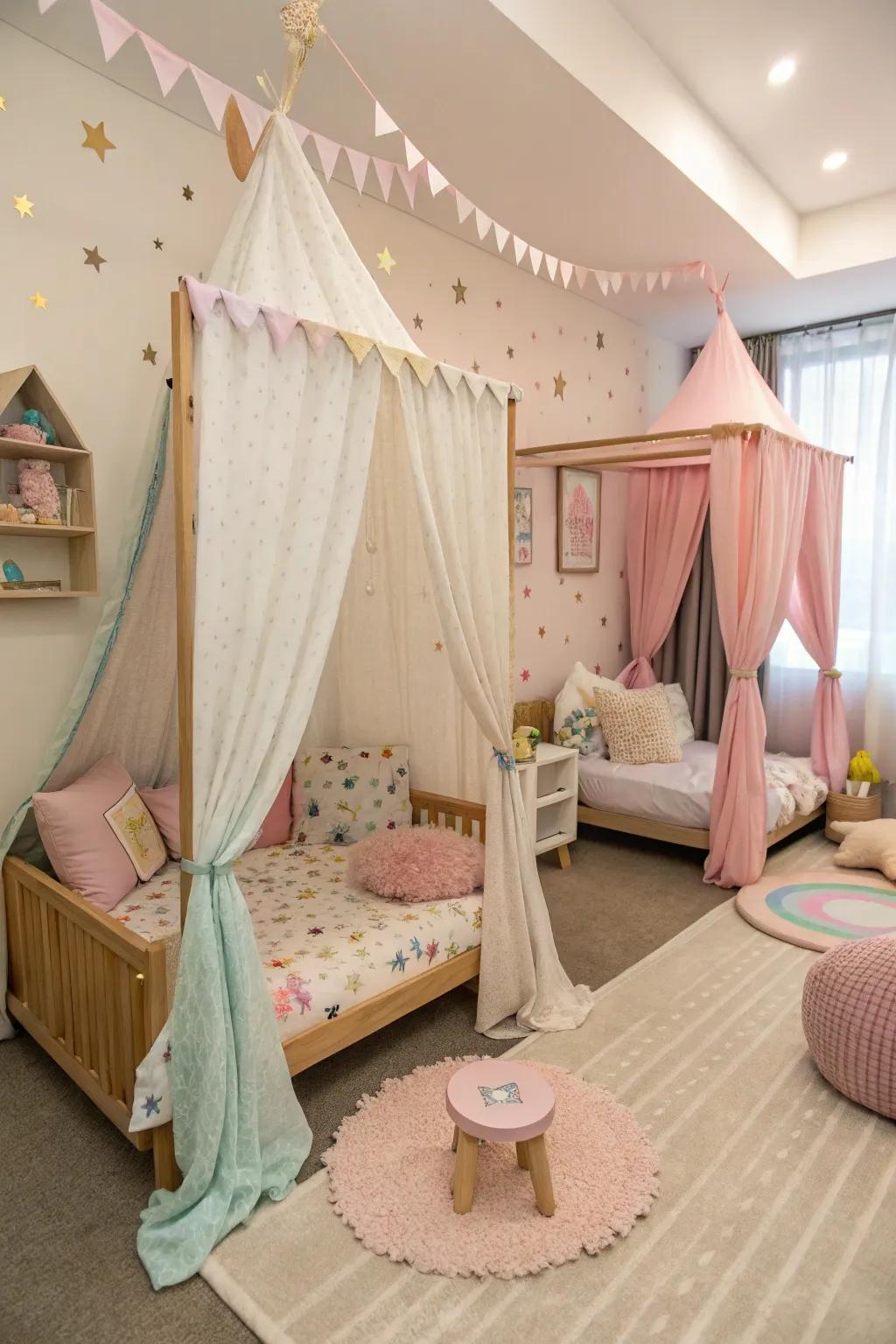 Sheer coverings enhance privacy and add sophistication.