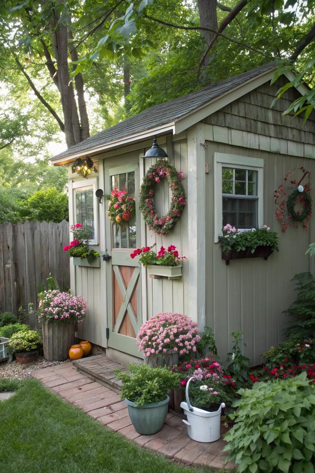 A garden shed adorned with changing seasonal design.