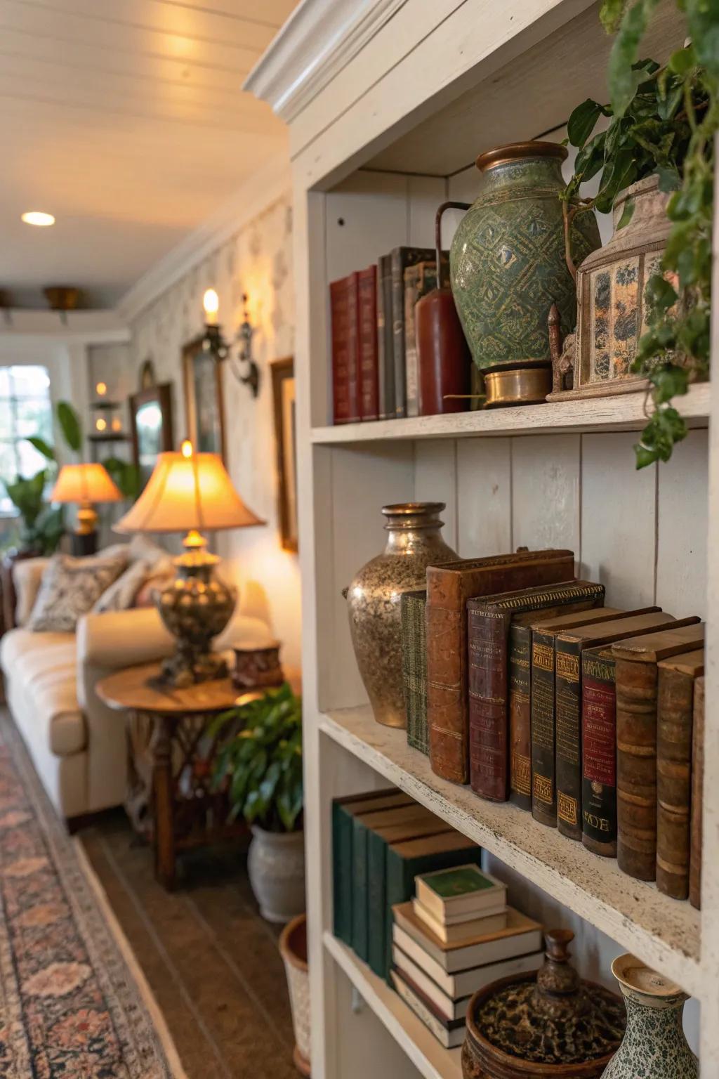 Vintage finds lend character and charisma to shelf exhibits.