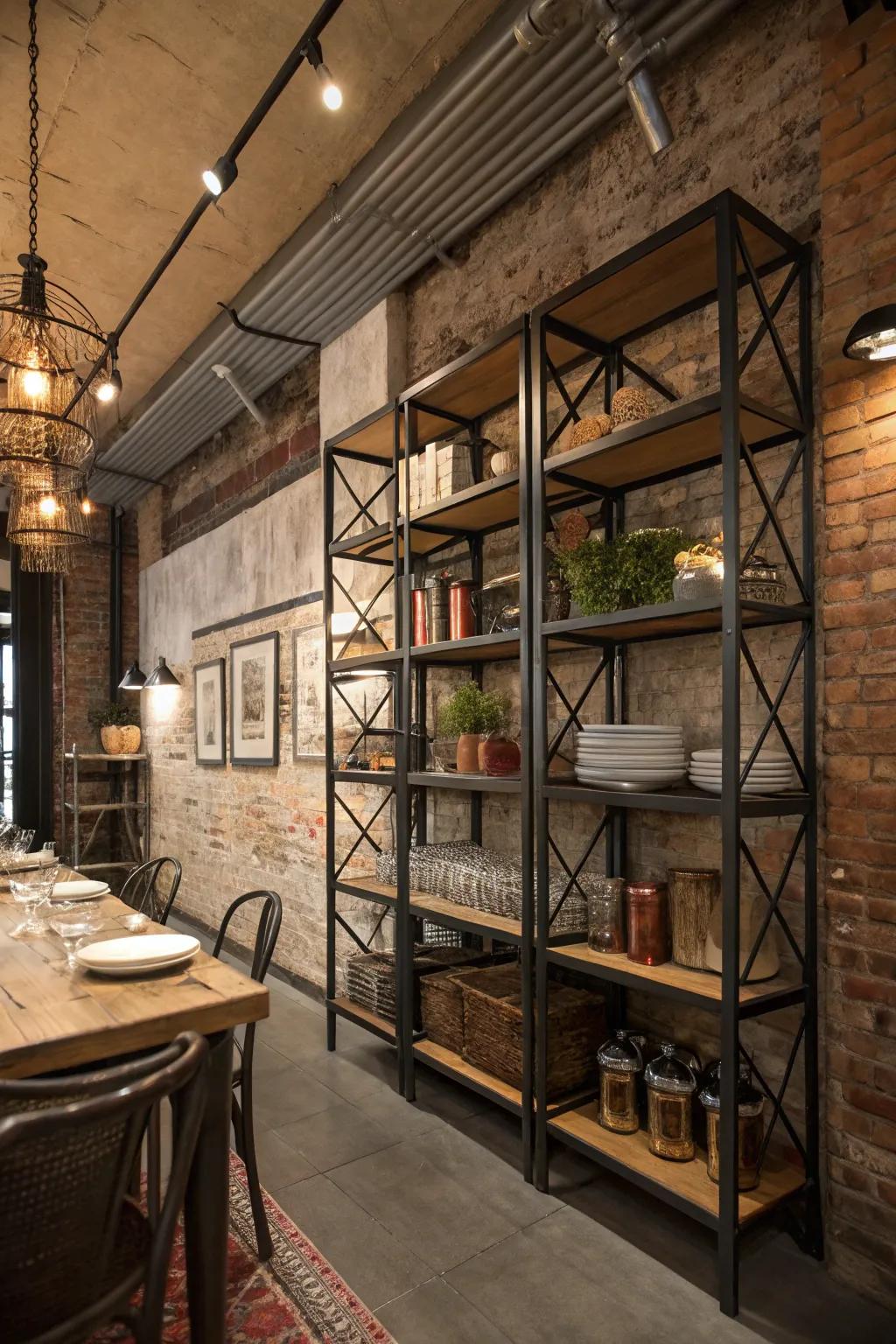 Transmitting country industrial vibes across your dining room utilizing metallic shelves.