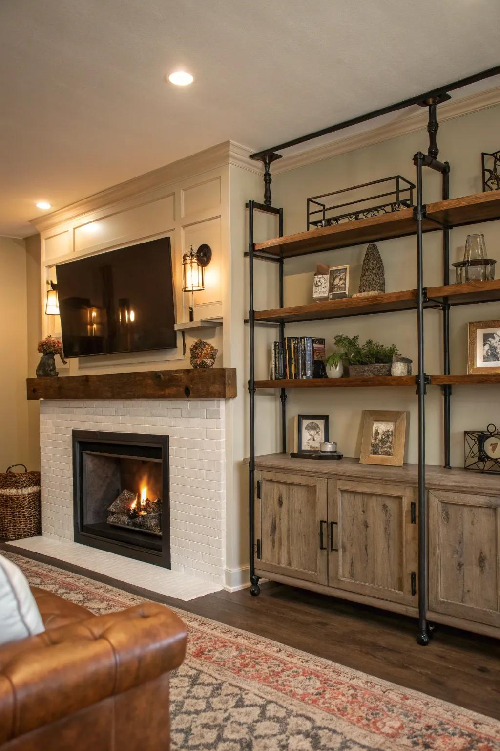 An urban aesthetic with metal shelving creates a robust style.