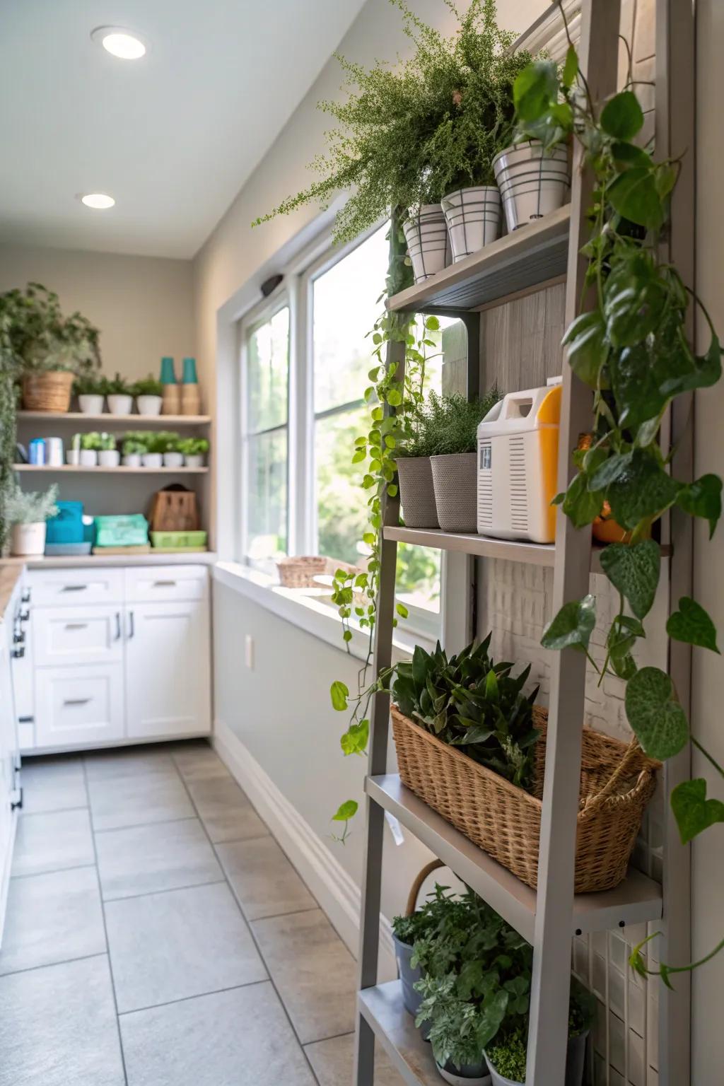 Vertical garden on utility room shelves, introducing a refreshing and lively element to the space.