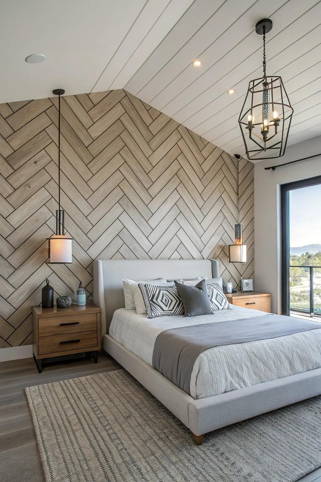 Chevron shiplap injects a contemporary and stylish bend to your bedroom.
