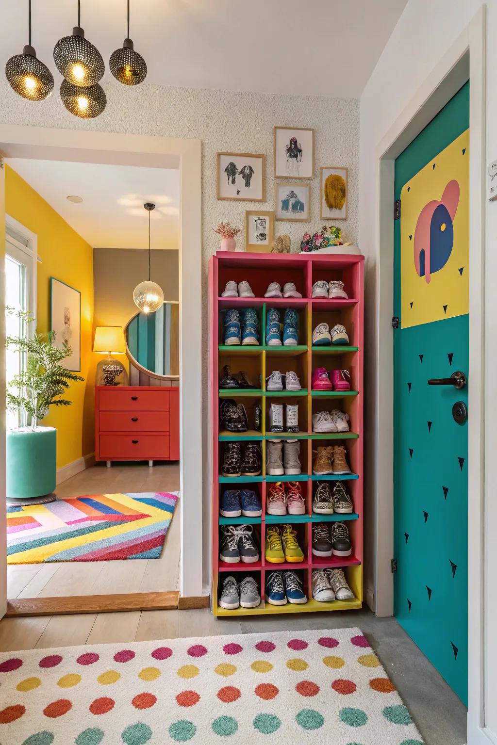 A vibrant footwear closet adds character to the foyer.
