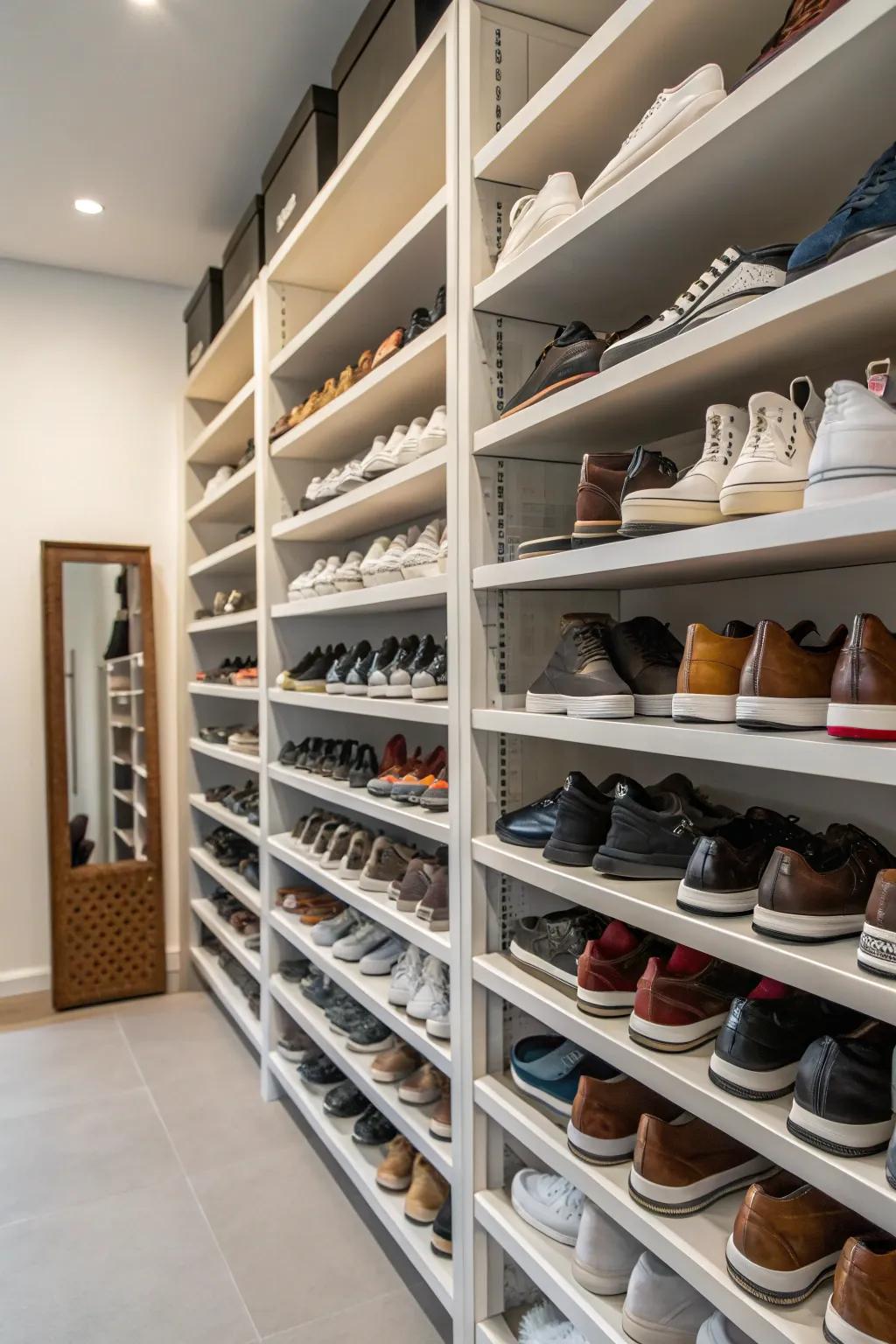 Maintain a clutter-free floor by storing shoes up high.