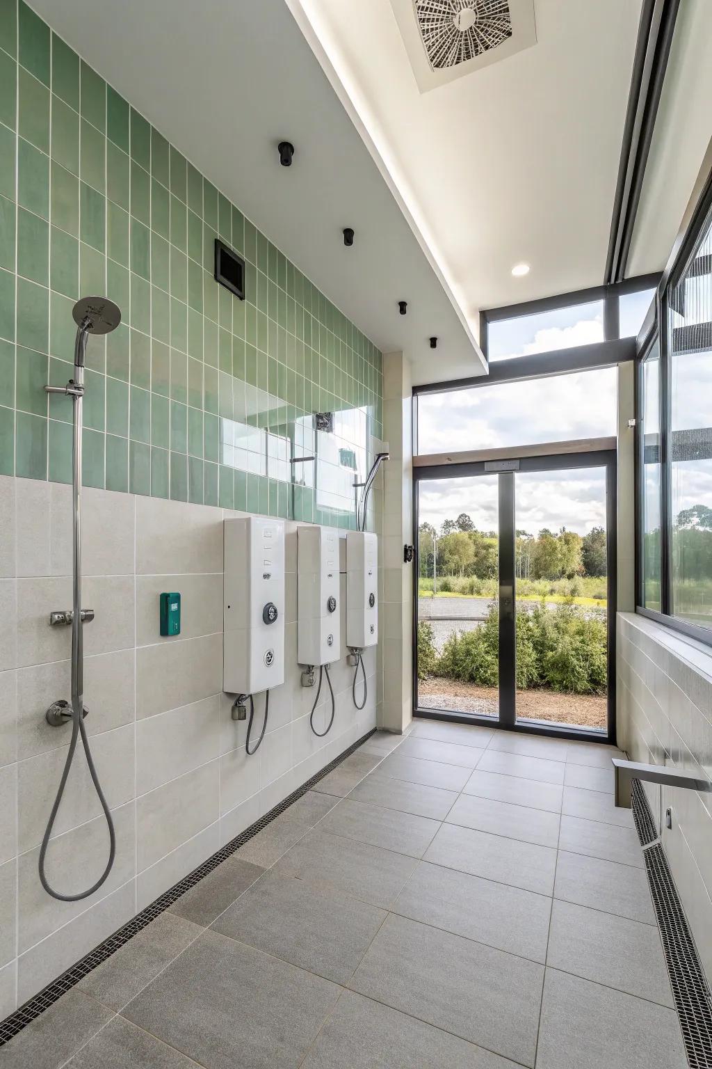 A contemporary and sustainable washroom equipped with eco-conscious fixtures.