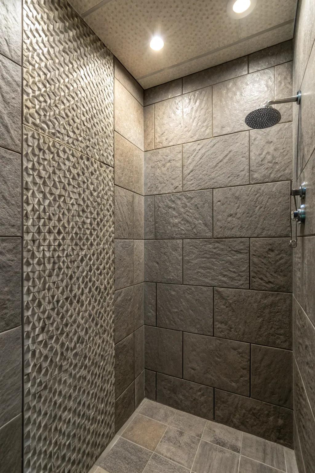 Textured grey tiles offer a unique shower experience.