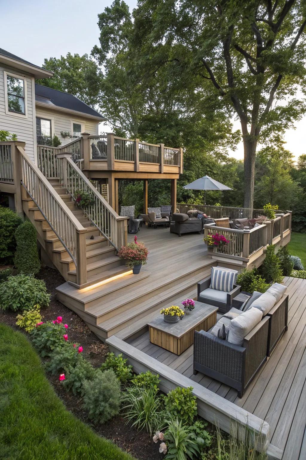 Layered decking adds depth and visual appeal.