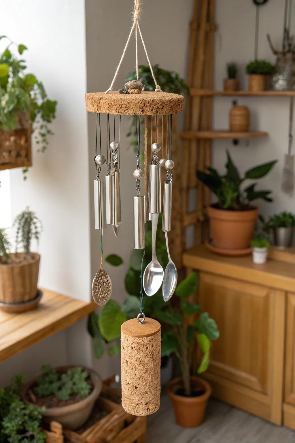 A plug foundation appends an eco-suited accent to this wind chime.