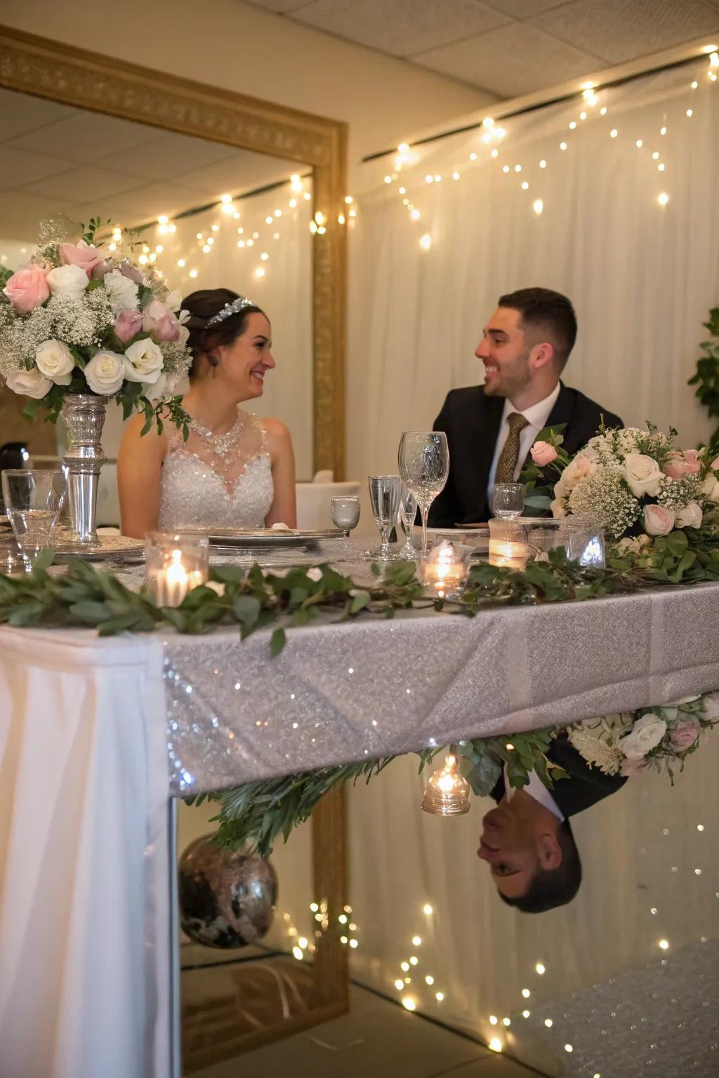 A bride and groom table featuring a chic mirrored table runner.