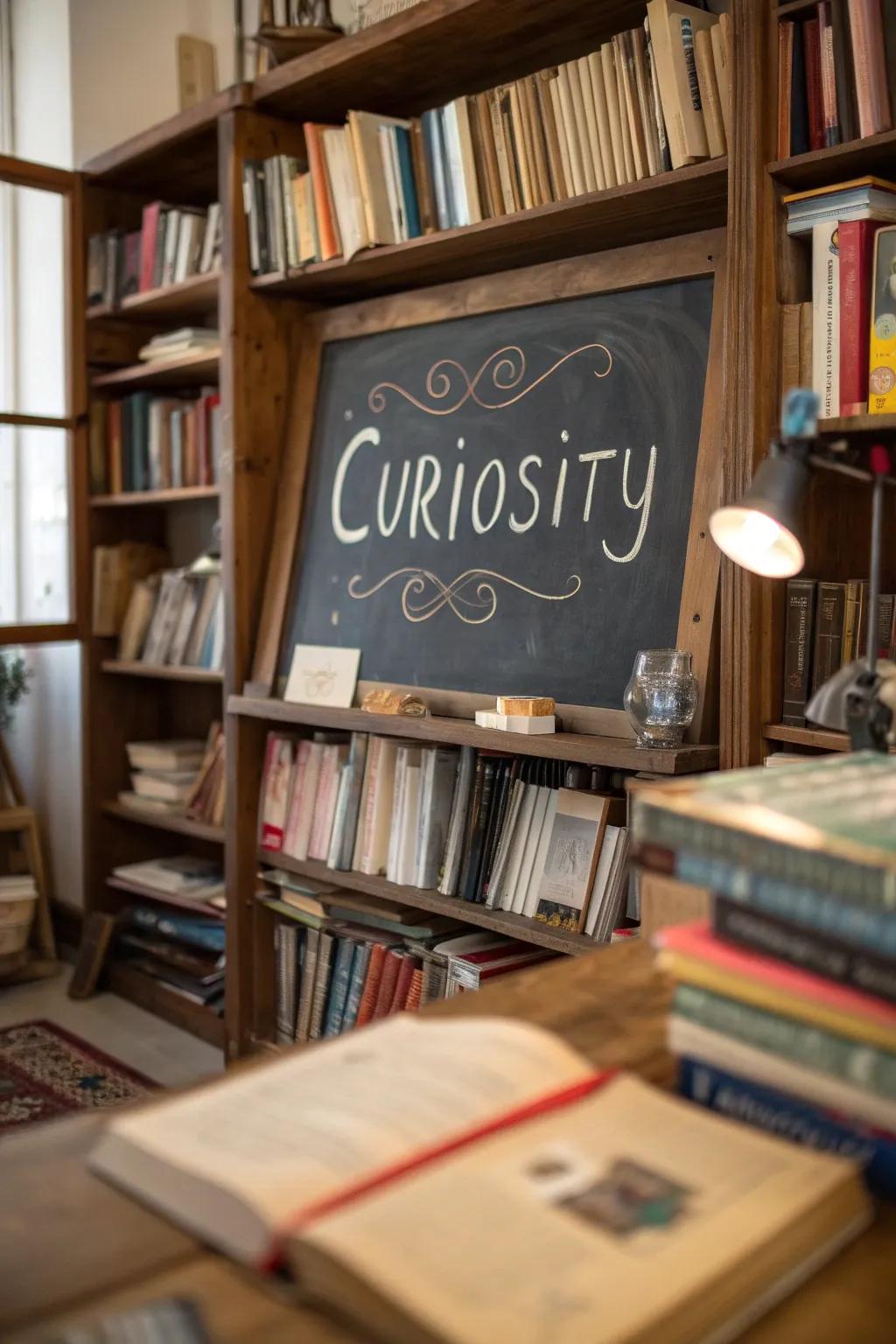 Study chamber slate board featuring a curiosity-themed inscription.