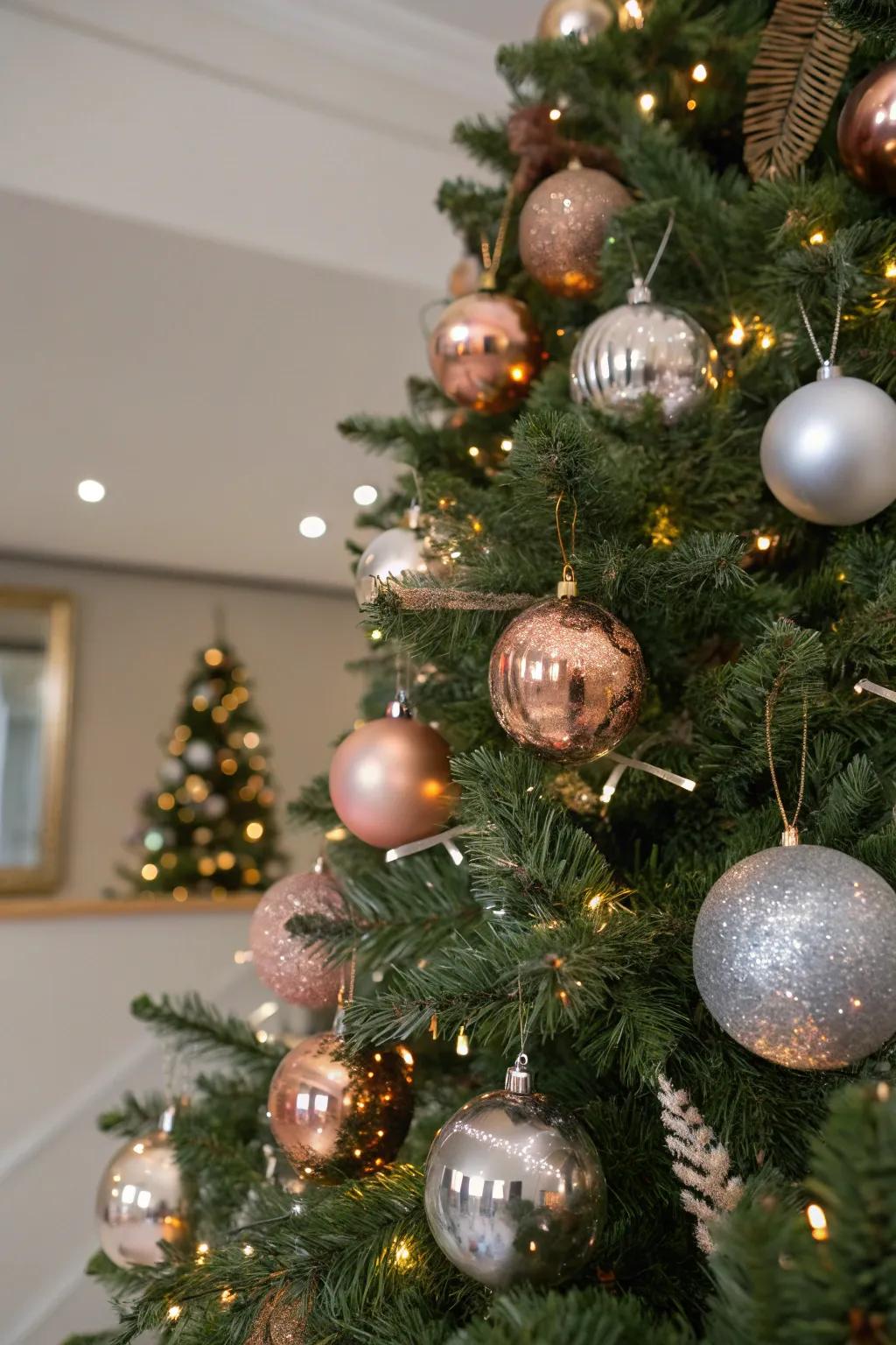 Blended metals furnish a warm radiance and sophisticated style to your Christmas tree.
