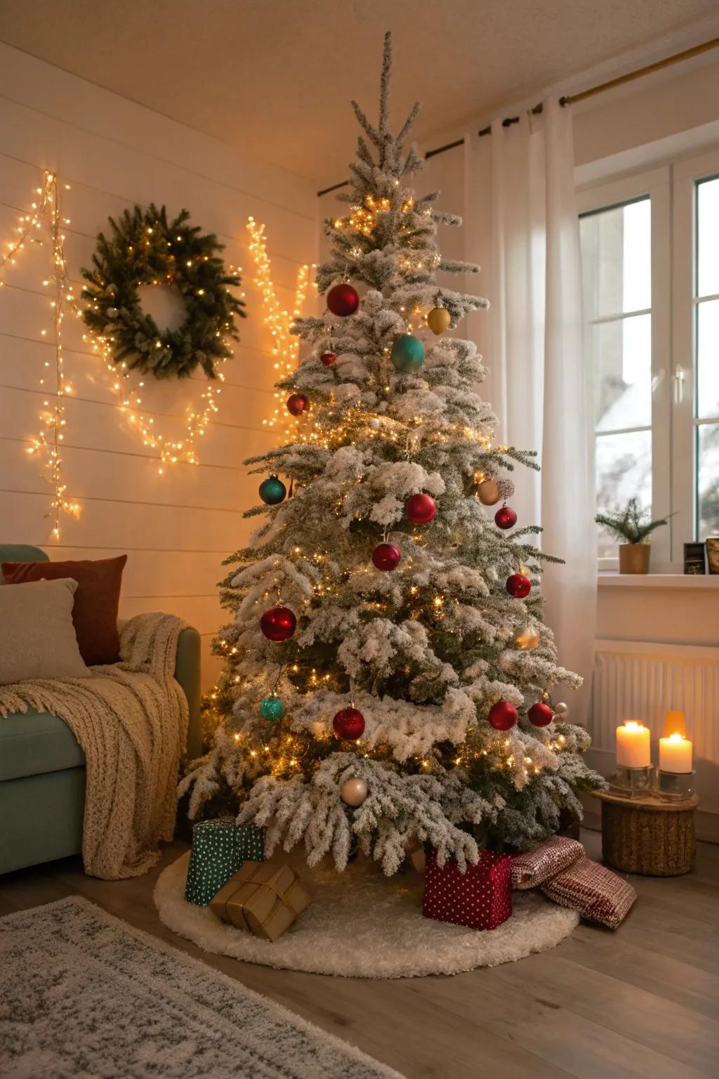 Dreamy winter wonderland with snow-laden branches.