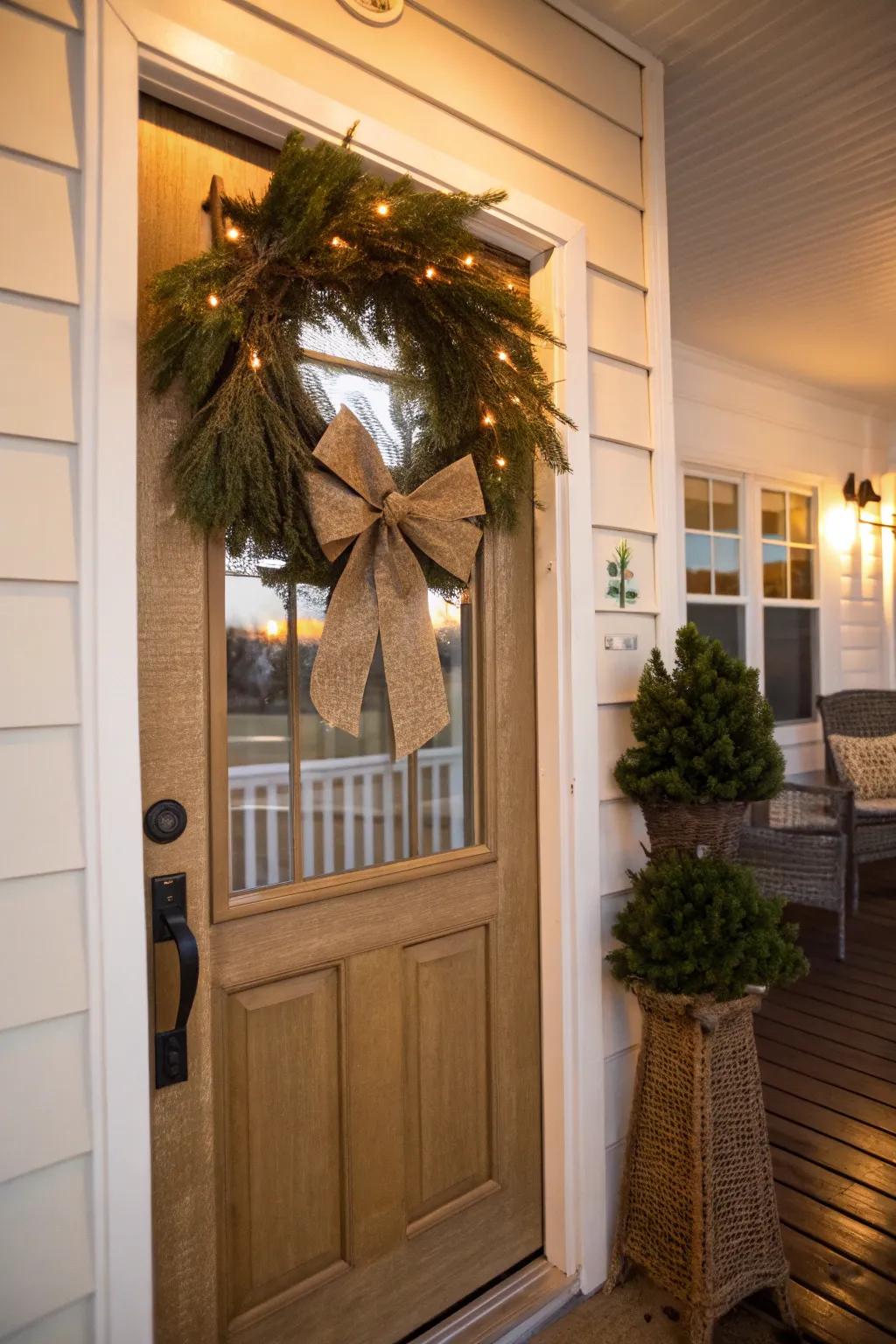 A burlap tie contributes rustic beauty to holiday trimmings.
