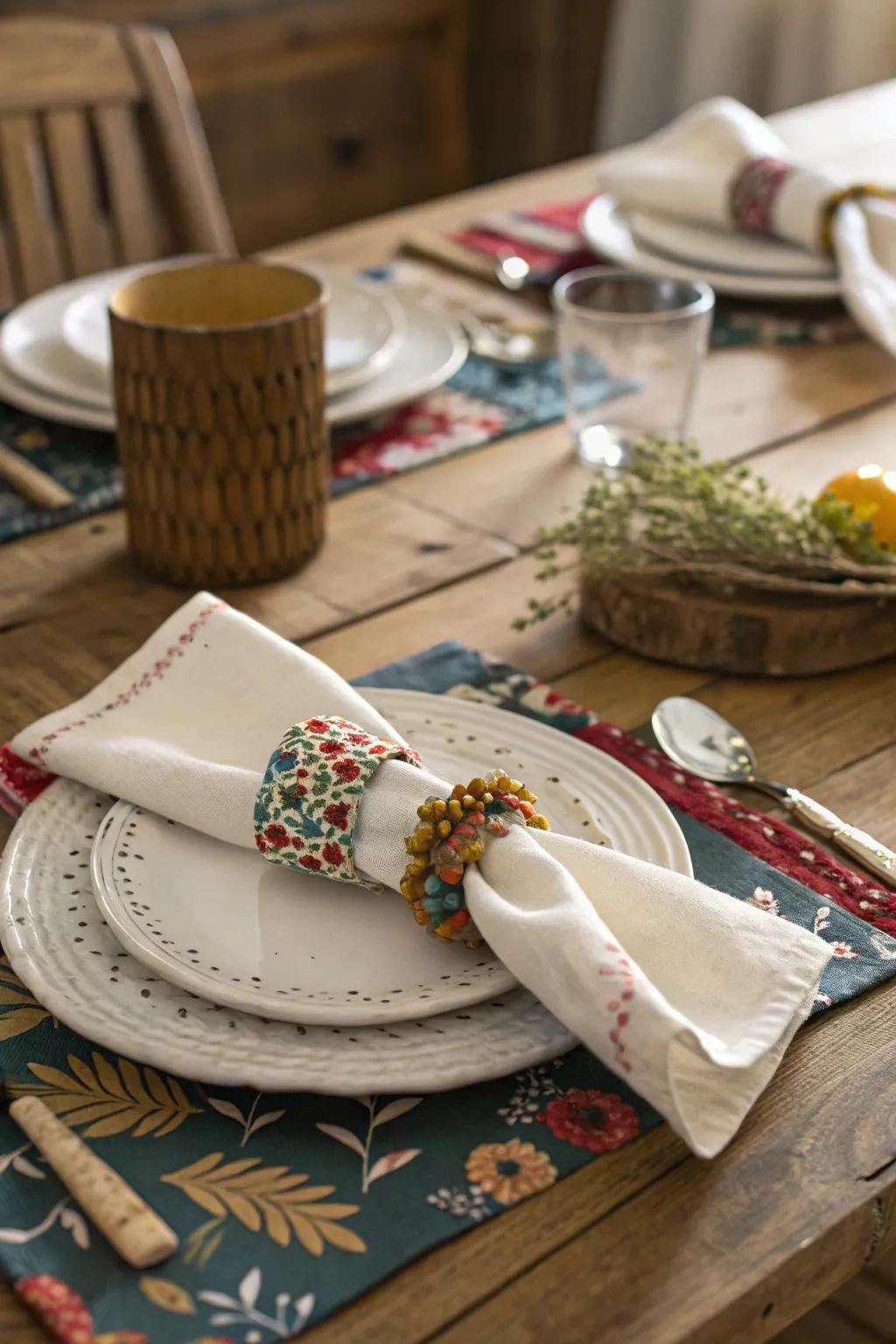 Handmade fabric crafts adding warmth to a rustic table.