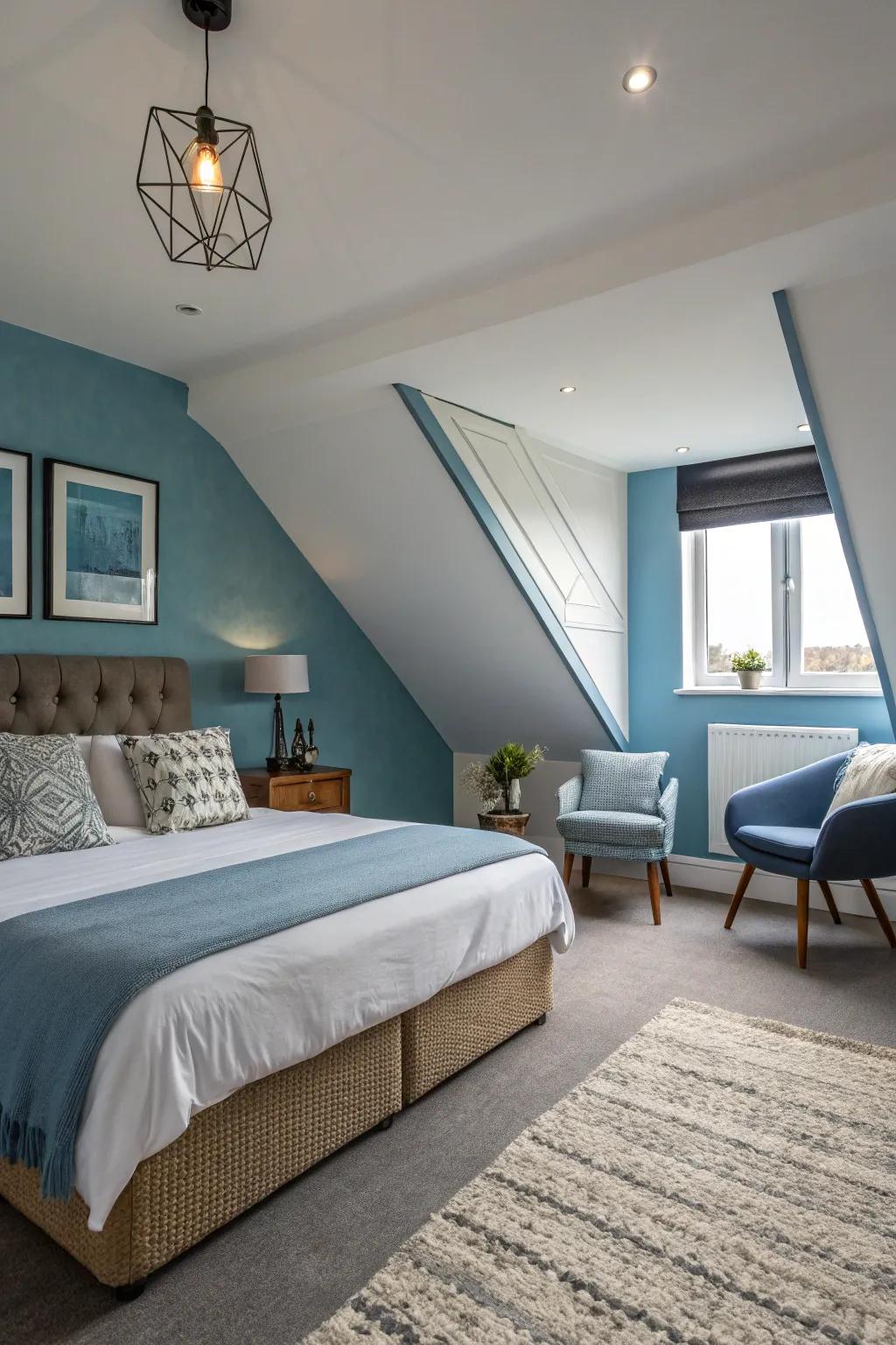 Cool colors create a tranquil and restful atmosphere in this serene bedroom.