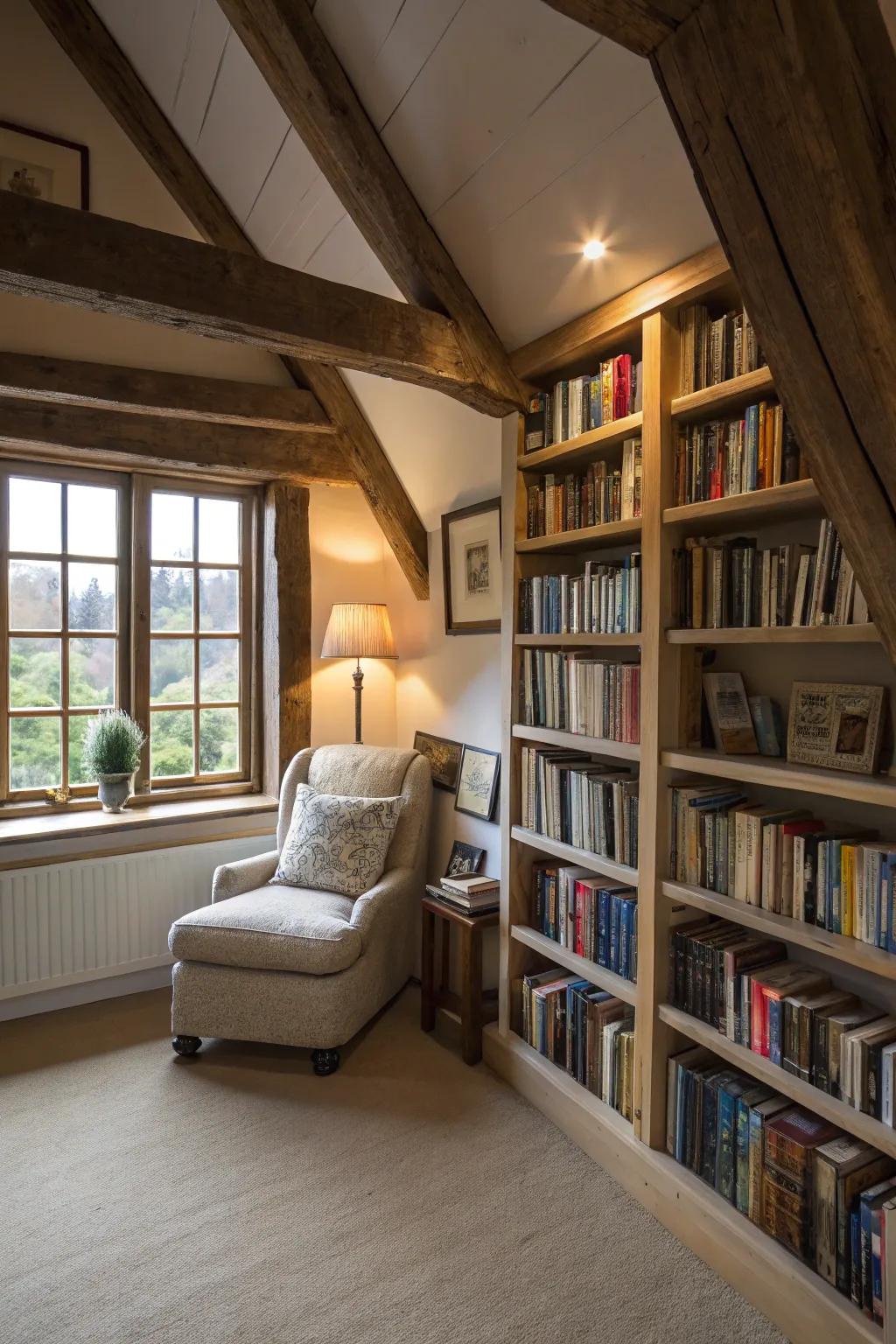 Built-in bookshelves add storage and charm to this attic bedroom.