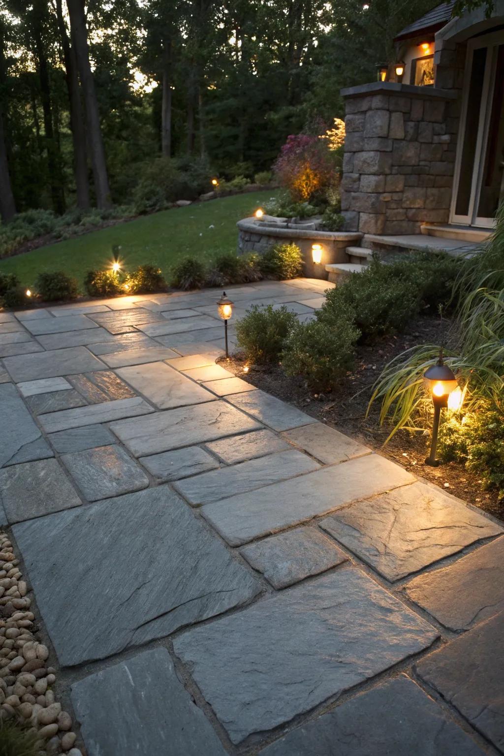 A slate patio with concealed lighting creating an enchanting evening ambiance.