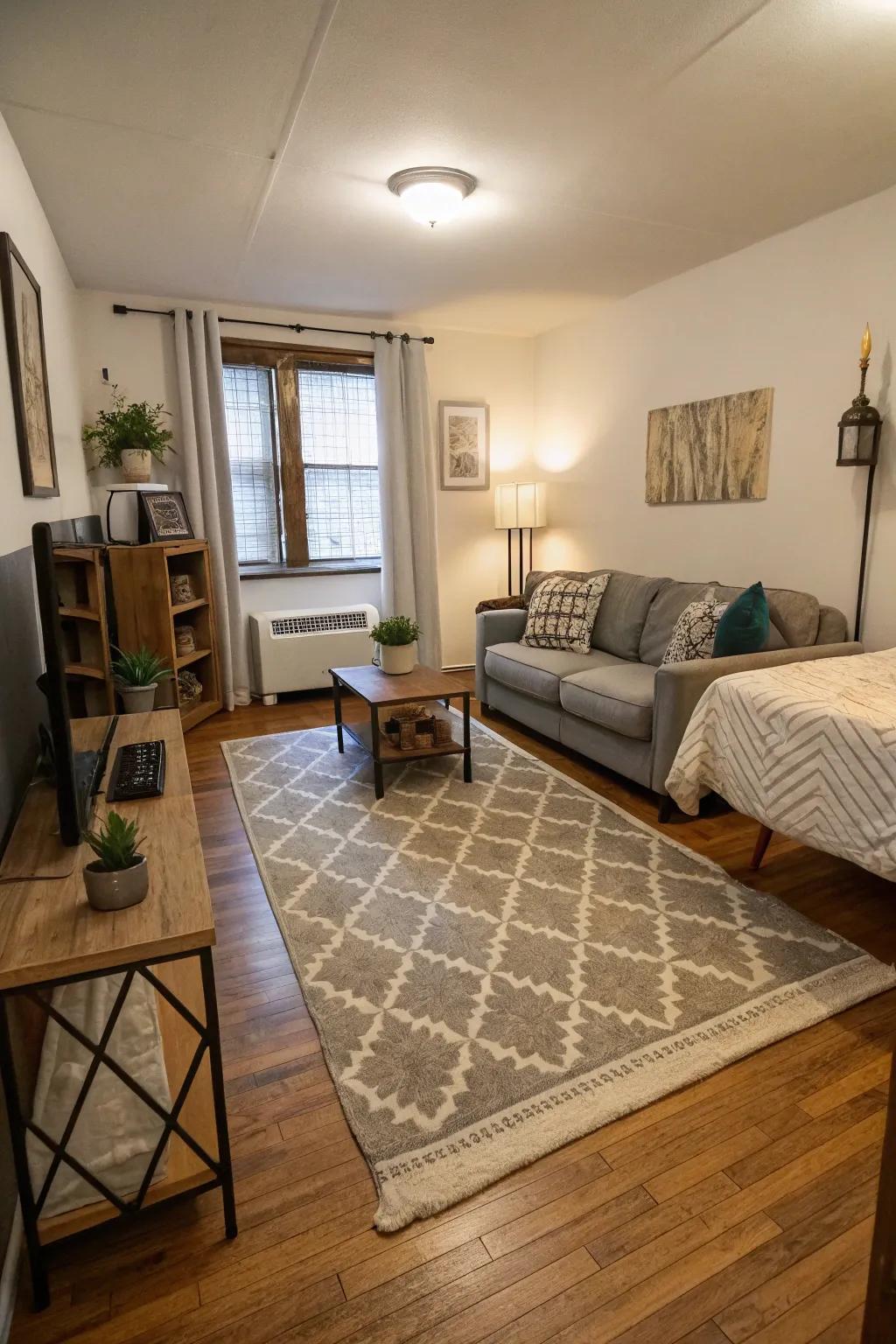 Area rugs help define and separate spaces in a small apartment.