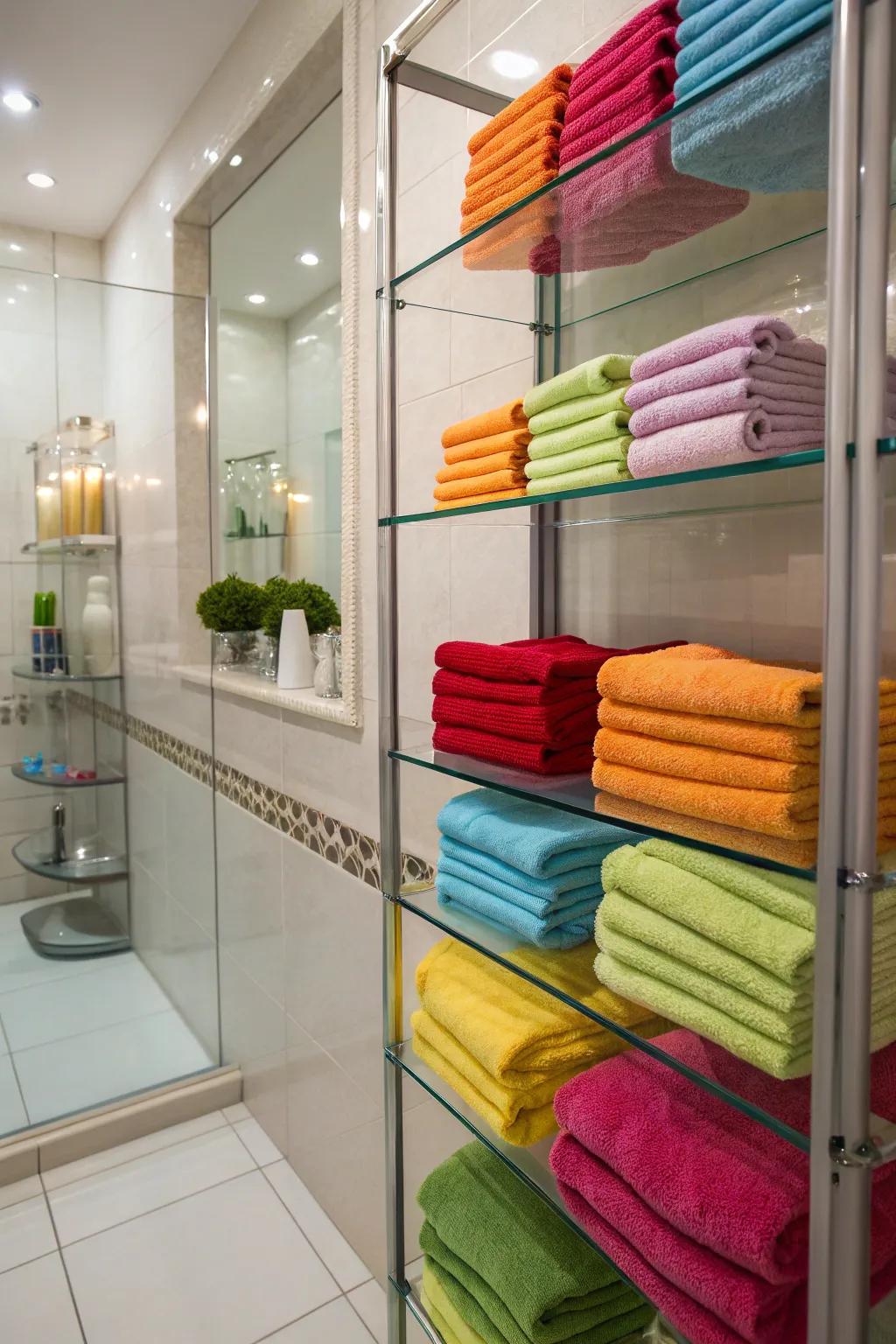 Bright and airy storage using elegant glass shelving.