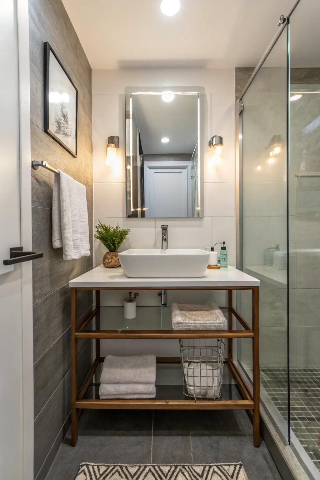 An uneven organizer that brings a unique and up-to-date flair to a small bathroom.