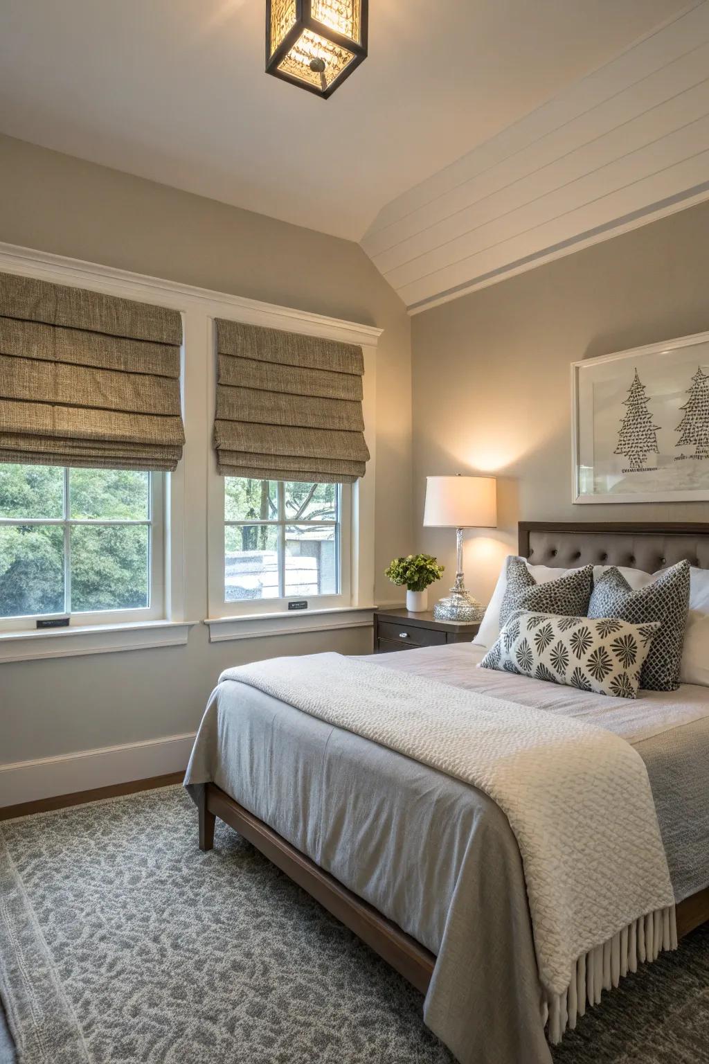 A compact bedroom that has Roman shades to provide a stylish and space-conscious solution.
