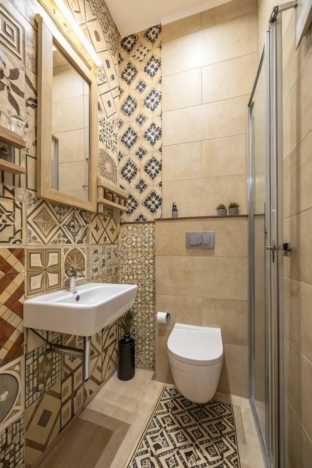 A small bathroom with modern geometric tiles.