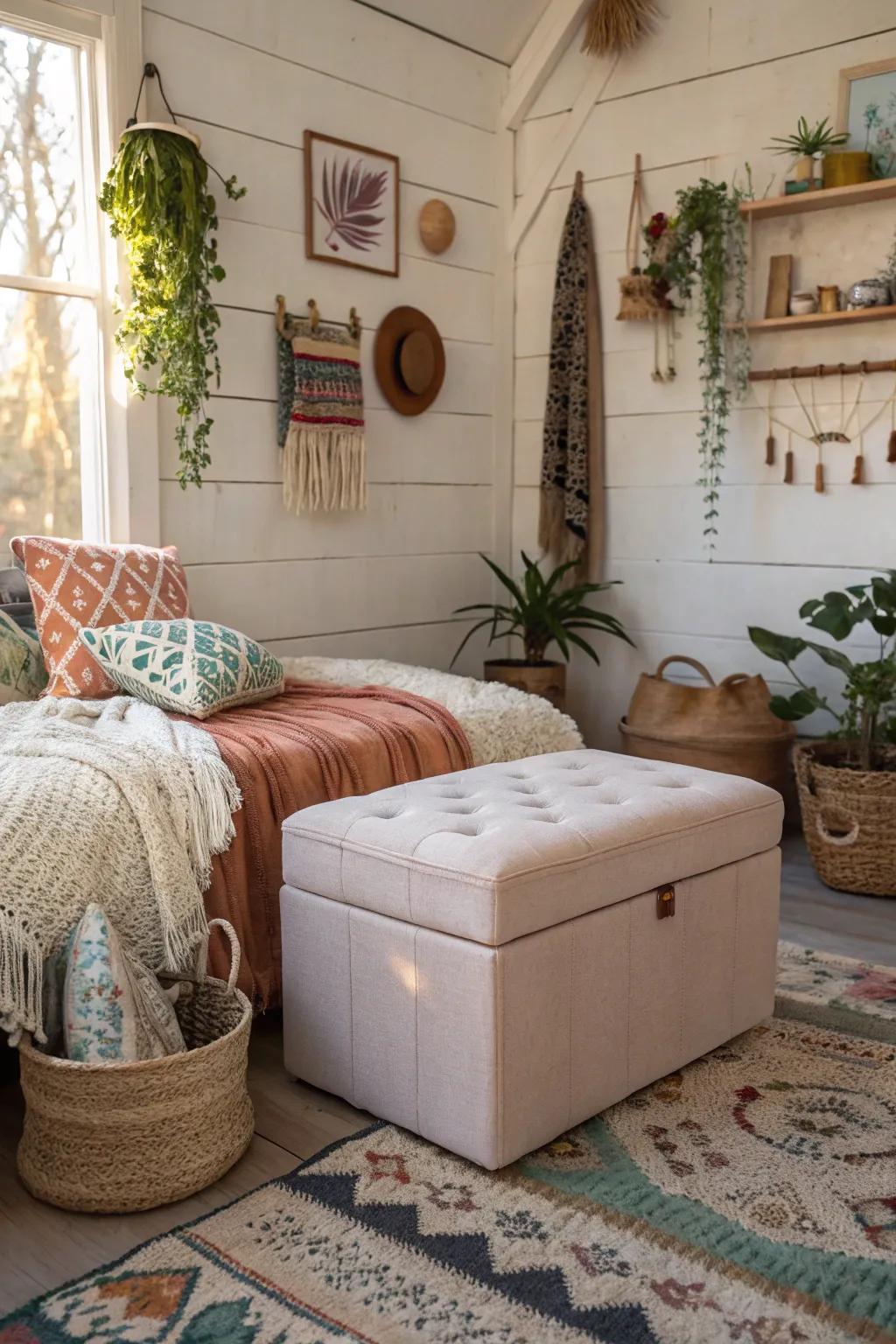Multipurpose furniture presents practical solutions across this boho bedroom
