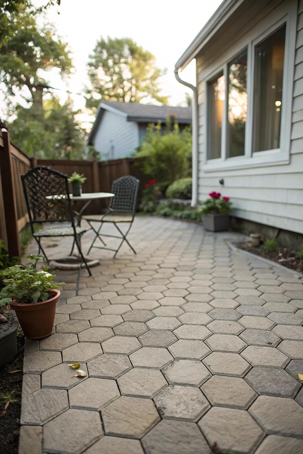 Unconventional paver forms forge a distinctive patio design.