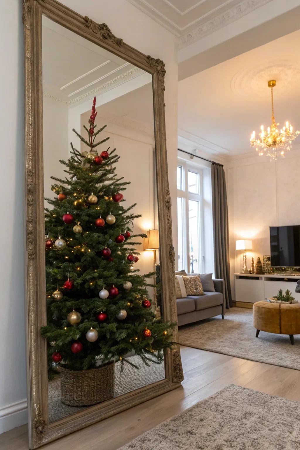 A looking glass amplifies the presence of a petite evergreen, elevating the celebratory décor.