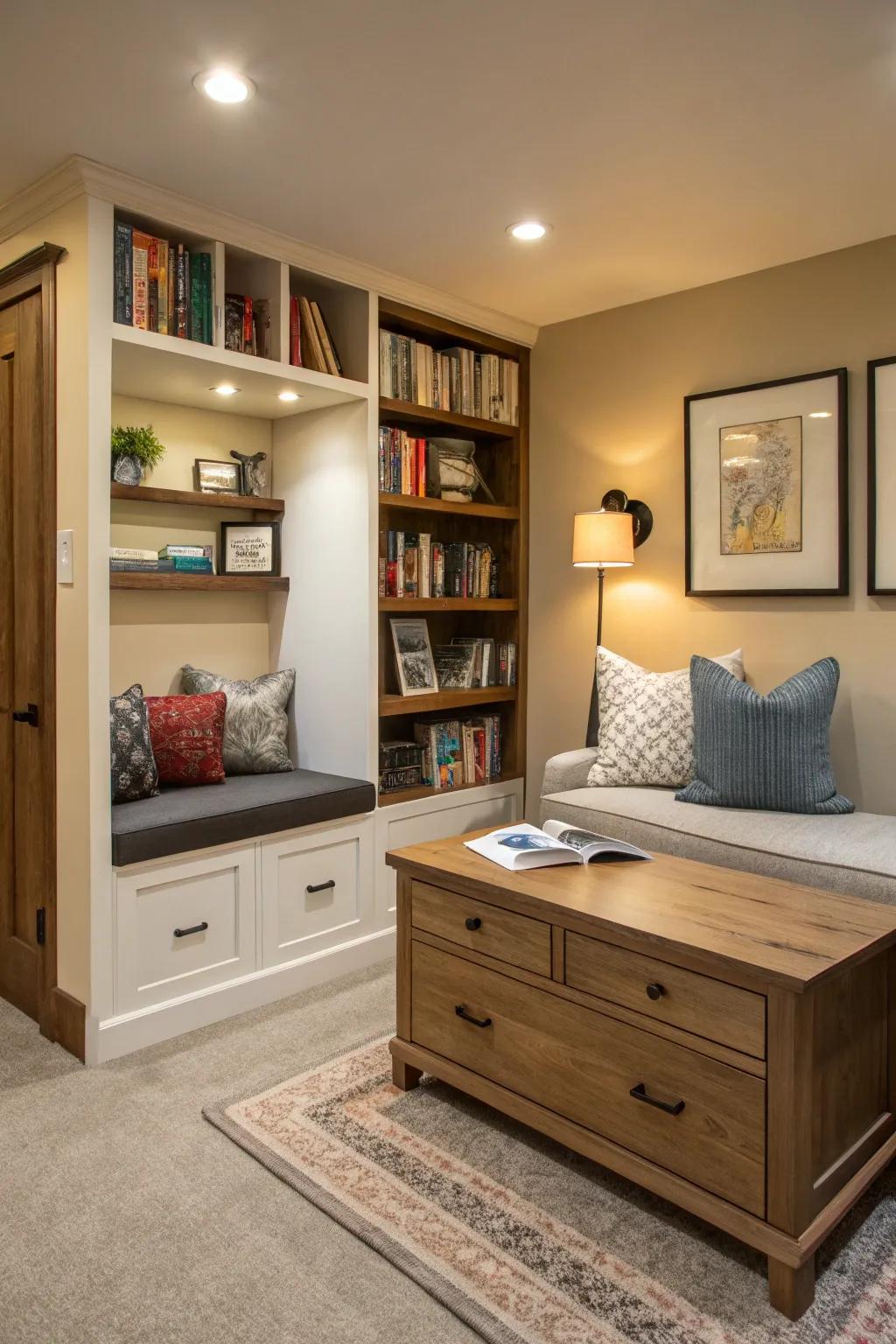 Hidden storage maintains a clean and organized den.