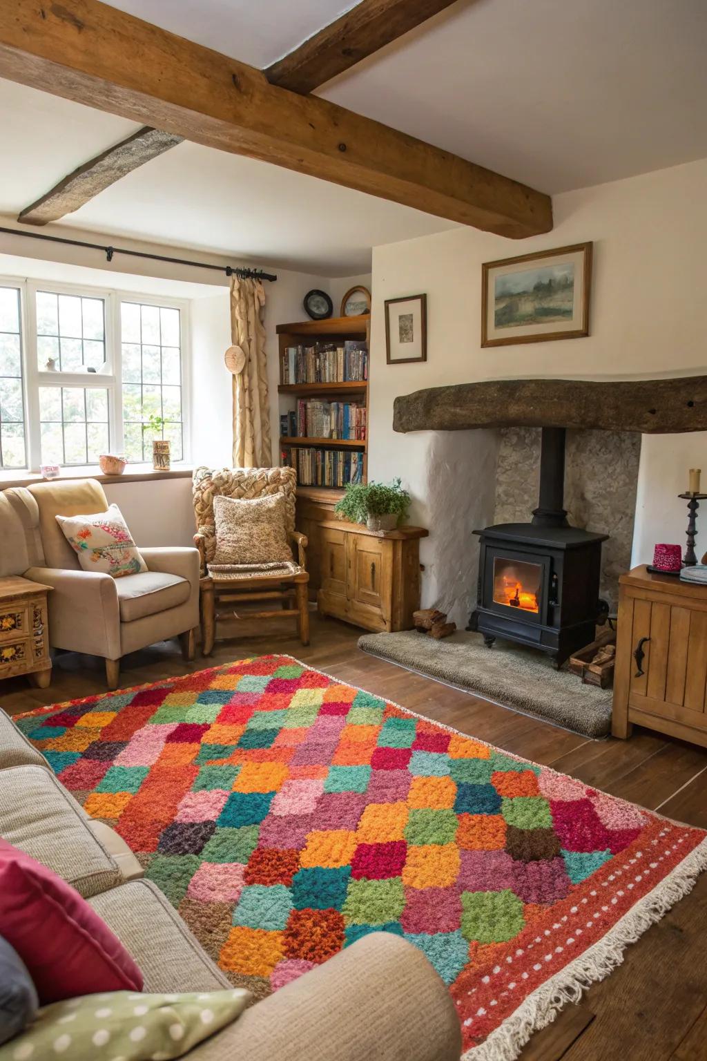 A colorful area rug adds warmth and defines the space.