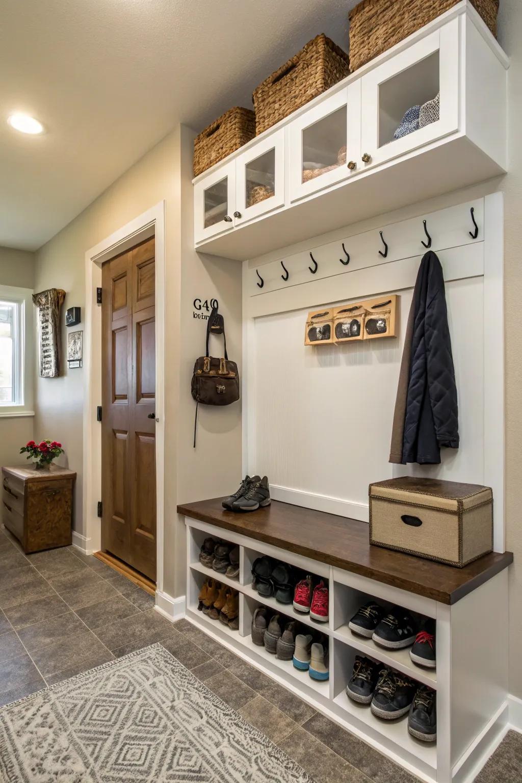 Built-in nooks provide elegant and space-saving footwear storage.